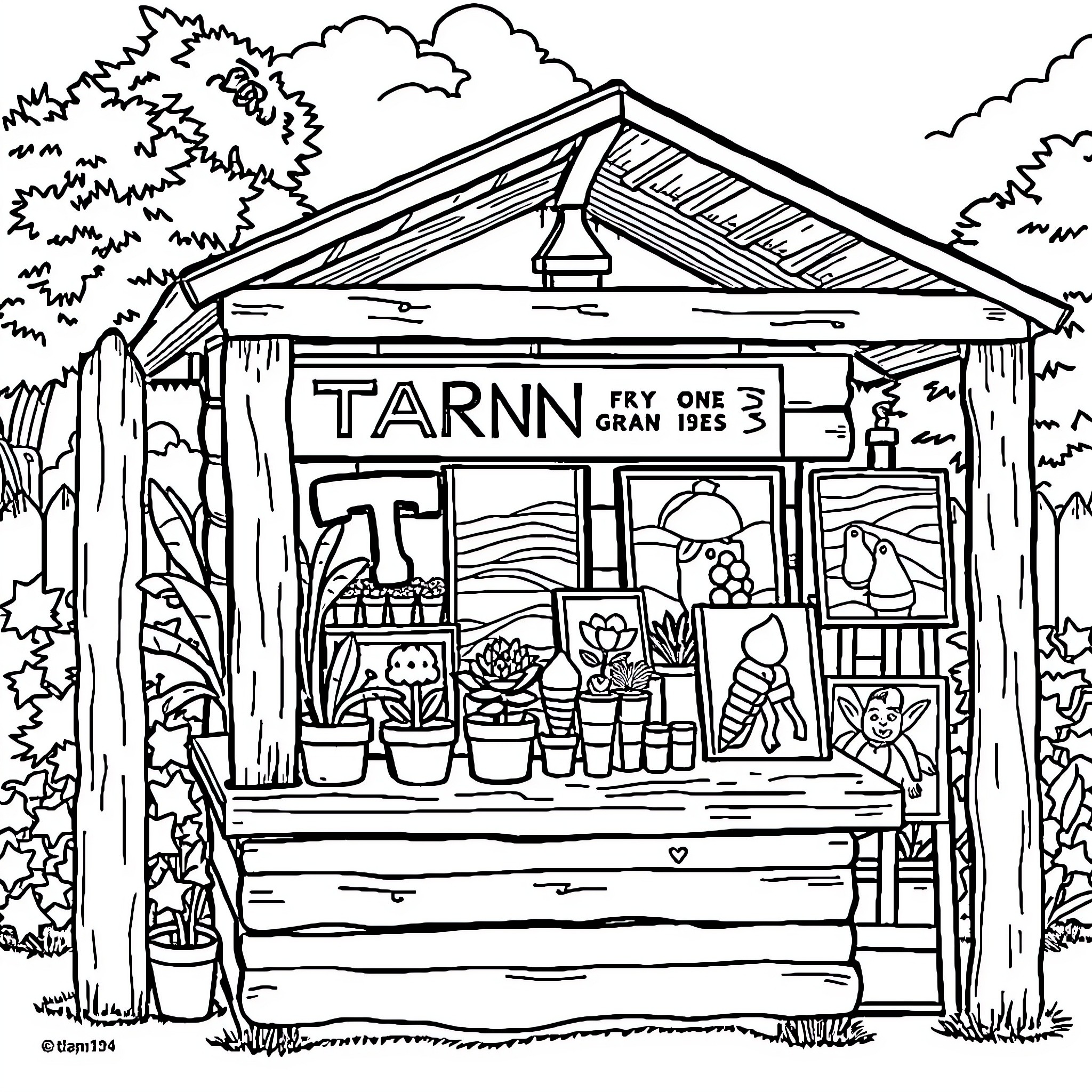 Farm Stand with Variety of Goods on Display Coloring Page (free black-and-white line drawing printable PDF for all, from beginners to advanced learners, including children, teens, adults, and seniors)