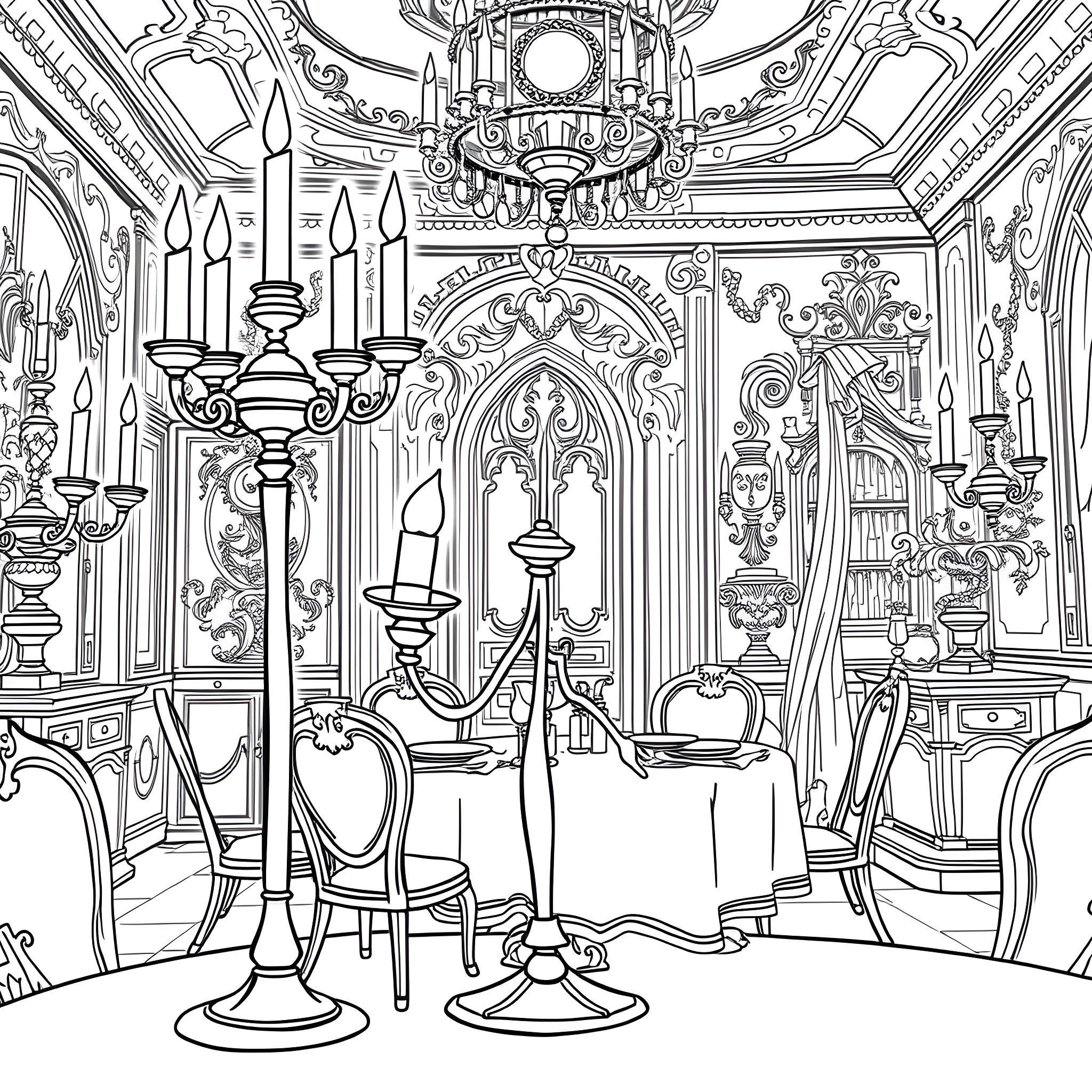 Lumiere's Magical Dining Chamber Coloring Page (free black-and-white line drawing printable PDF for all, from beginners to advanced learners, including children, teens, adults, and seniors)