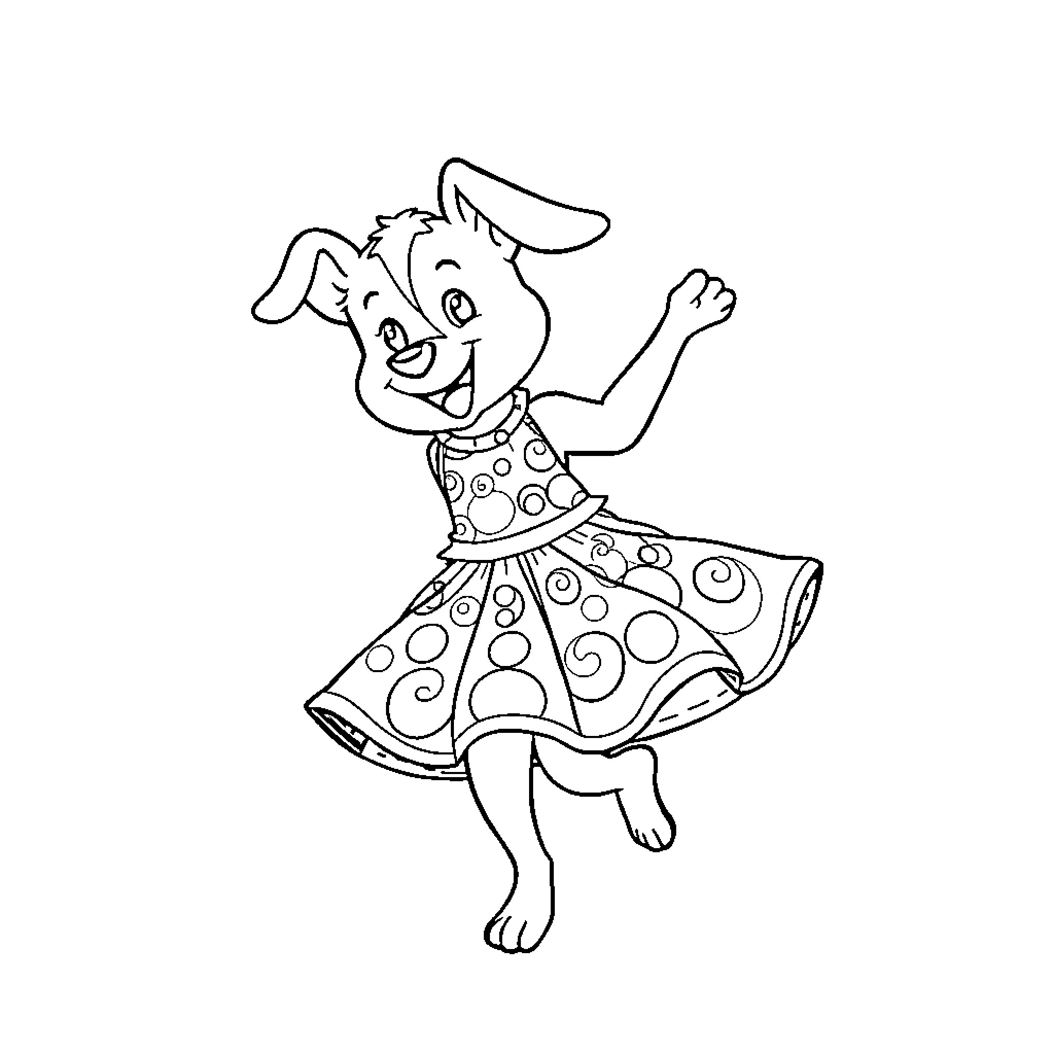 Bluey dancing with delight in a patterned dress Coloring Page (free black-and-white line drawing printable PDF for all, from beginners to advanced learners, including children, teens, adults, and seniors)