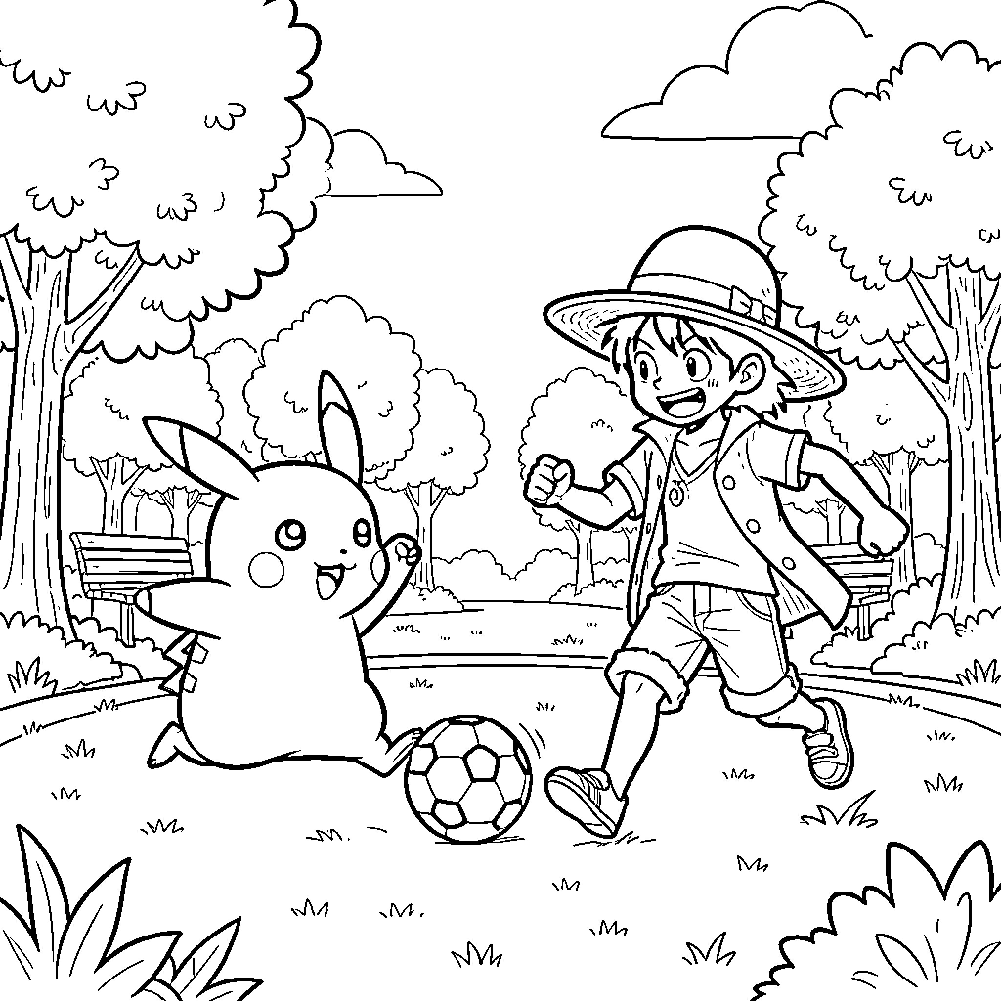 Pikachu and a boy playing soccer in the park Coloring Page (free black-and-white line drawing printable PDF for all, from beginners to advanced learners, including children, teens, adults, and seniors)