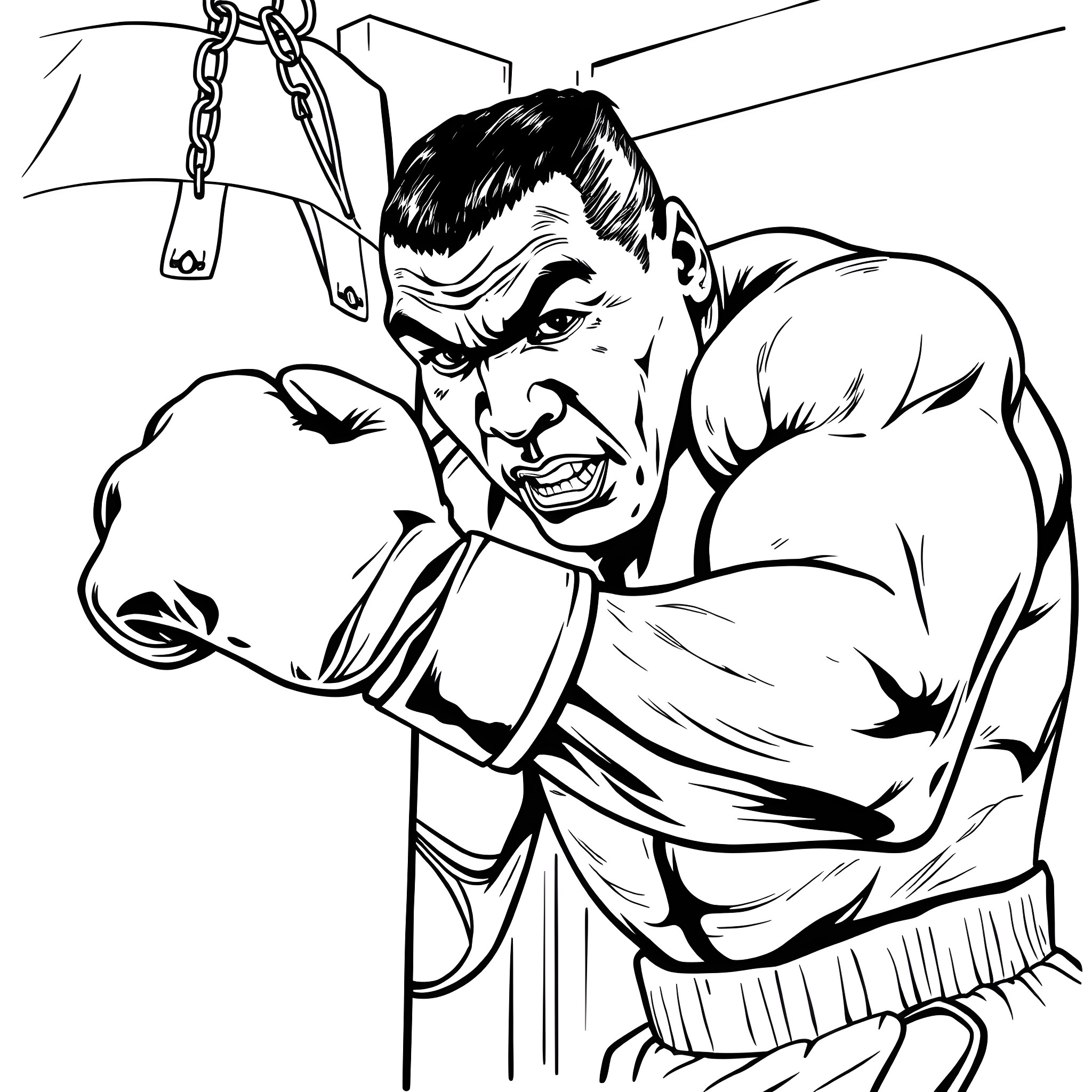 Mike Tyson in fierce boxing stance Coloring Page (free black-and-white line drawing printable PDF for all, from beginners to advanced learners, including children, teens, adults, and seniors)