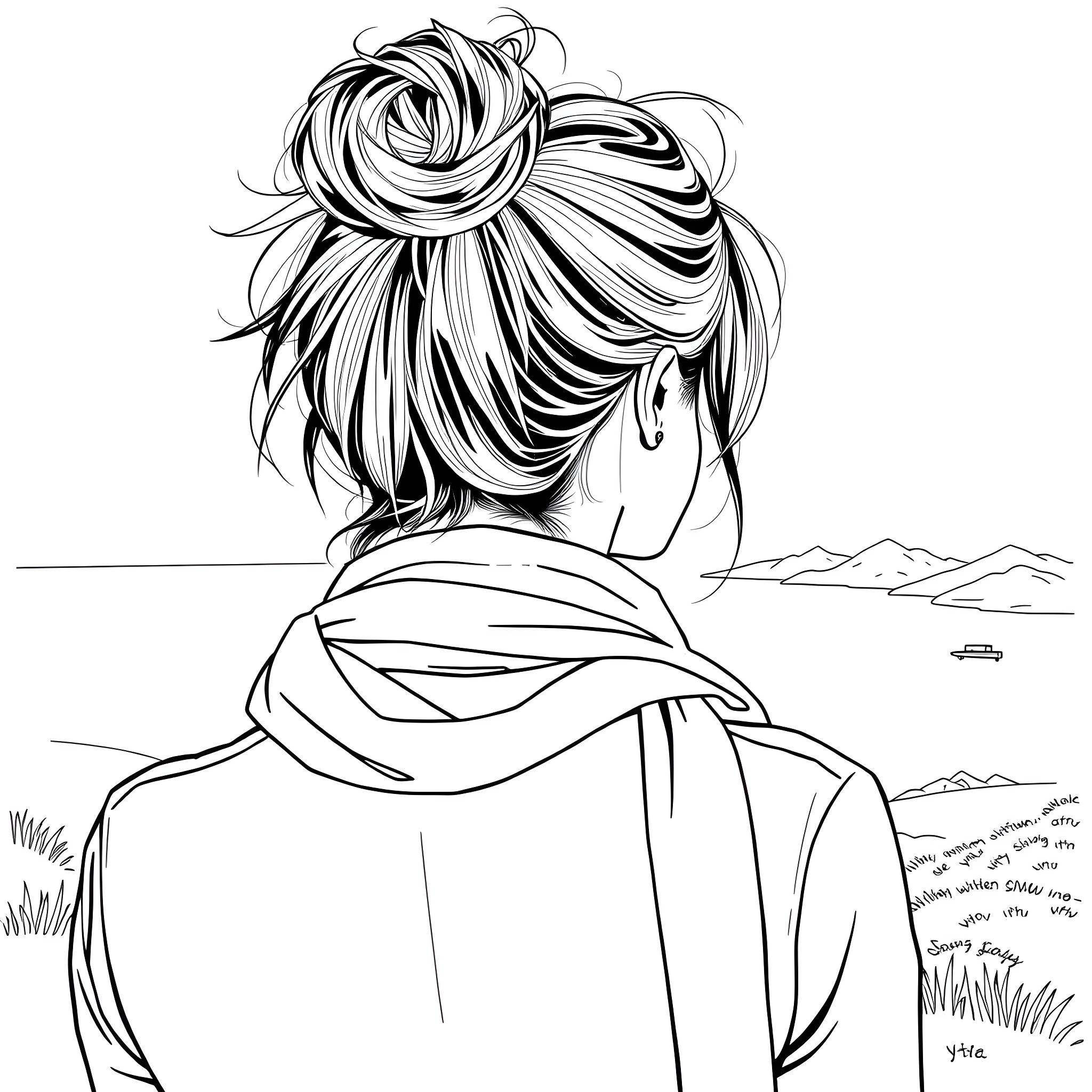 Woman overlooking serene landscape in contemplation Coloring Page (free black-and-white line drawing printable PDF for all, from beginners to advanced learners, including children, teens, adults, and seniors)