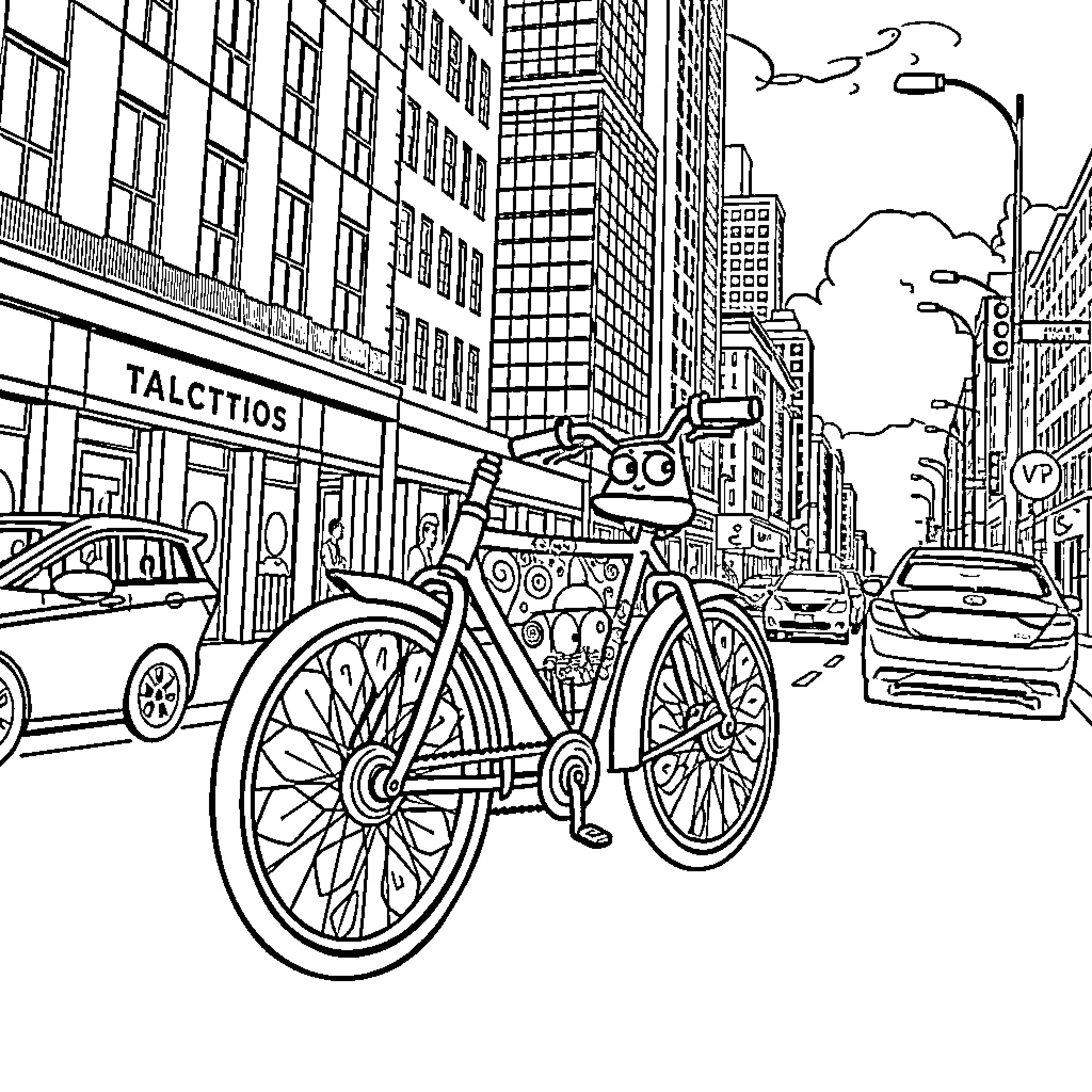 Bike Ride Through Bustling City Street Coloring Page (free black-and-white line drawing printable PDF for all, from beginners to advanced learners, including children, teens, adults, and seniors)