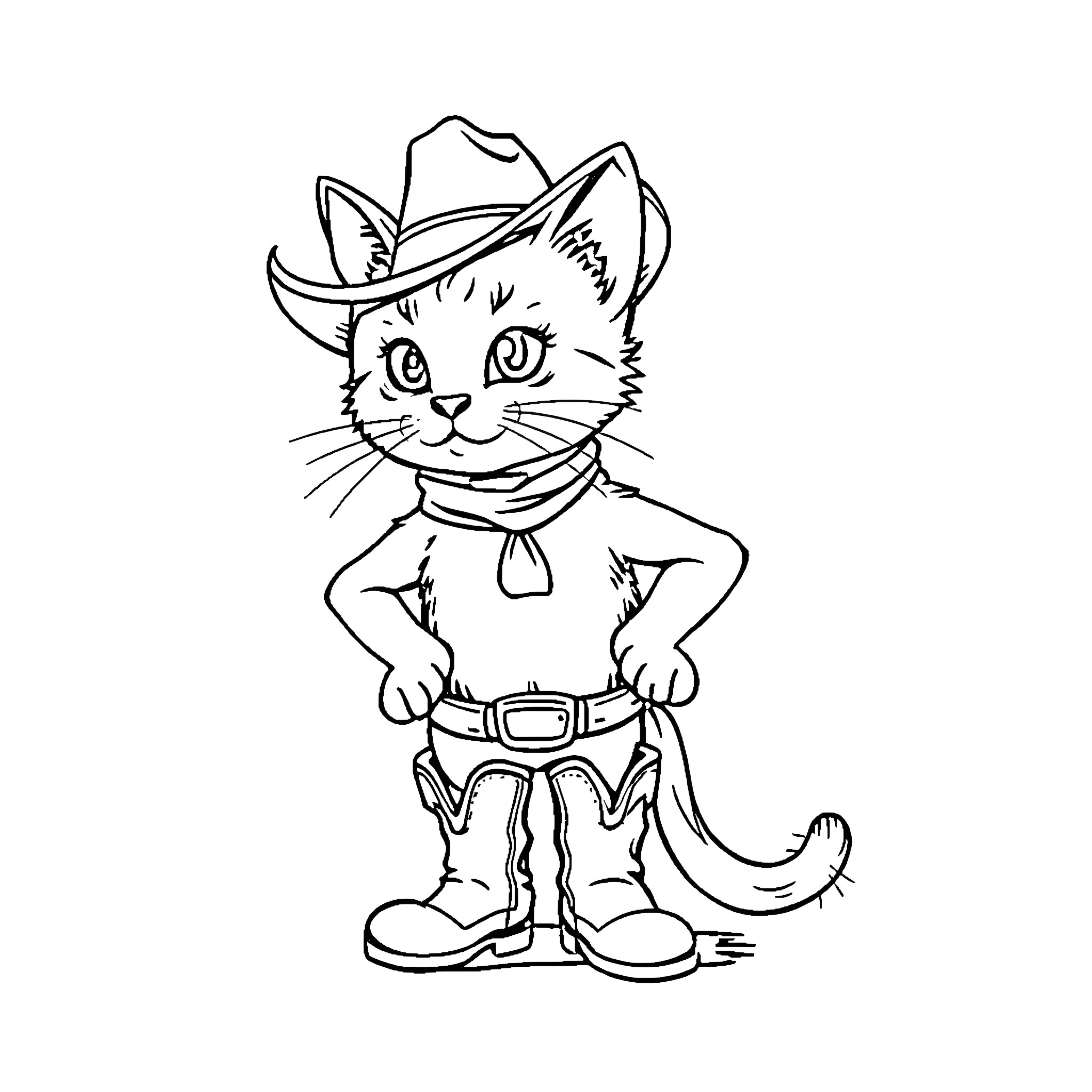 Cowboy Kitty in Western Outfit Coloring Page (free black-and-white line drawing printable PDF for all, from beginners to advanced learners, including children, teens, adults, and seniors)