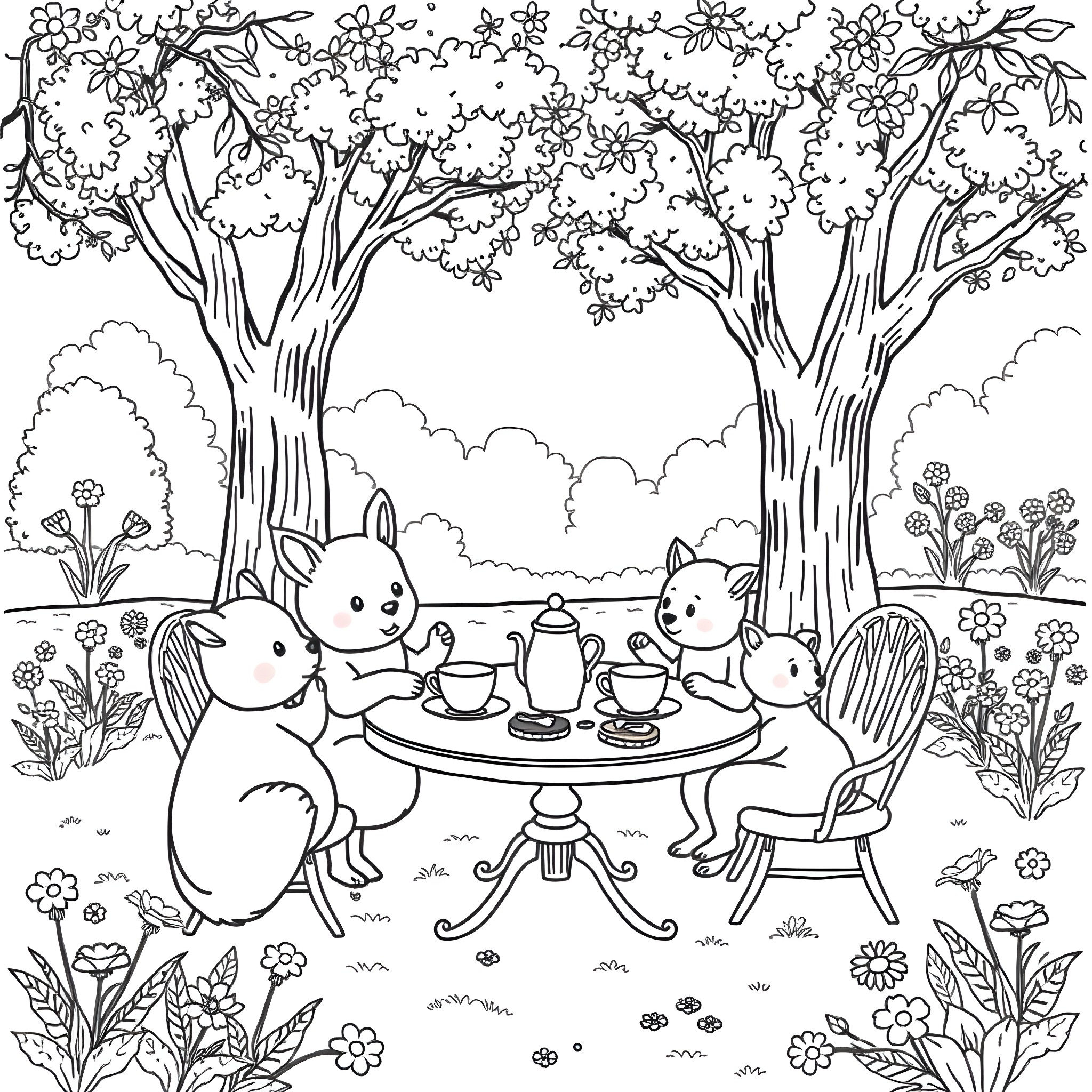 Animal Tea Party in the Forest Coloring Page (free black-and-white line drawing printable PDF for all, from beginners to advanced learners, including children, teens, adults, and seniors)