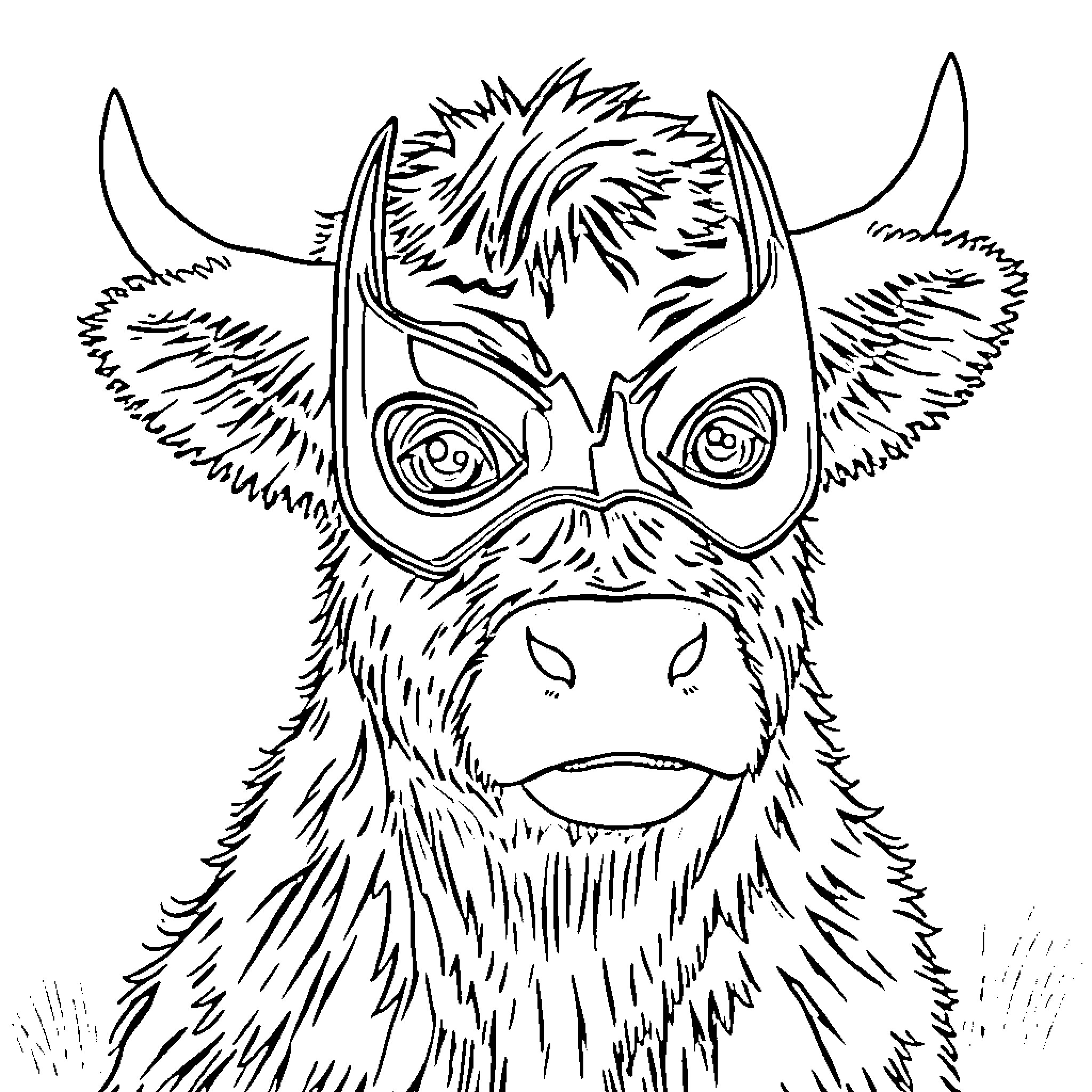 Highland Cow Wearing Superhero Mask Coloring Page (free black-and-white line drawing printable PDF for all, from beginners to advanced learners, including children, teens, adults, and seniors)