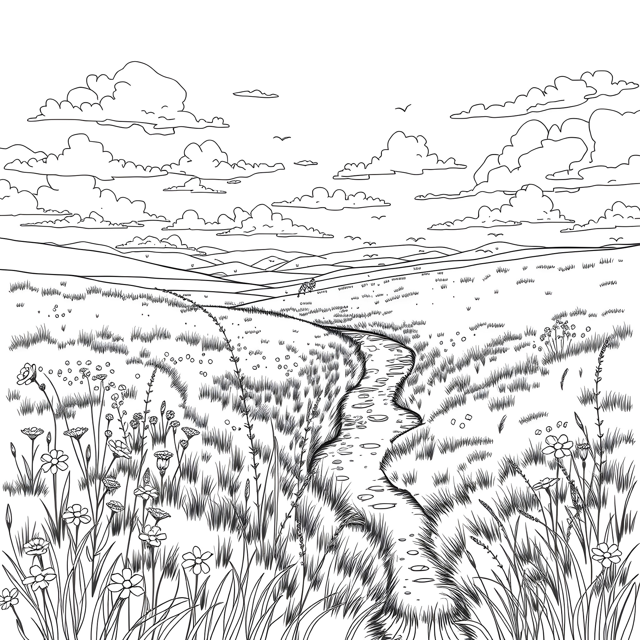 Zade's Whimsical Meadow Adventure Coloring Page (free black-and-white line drawing printable PDF for all, from beginners to advanced learners, including children, teens, adults, and seniors)