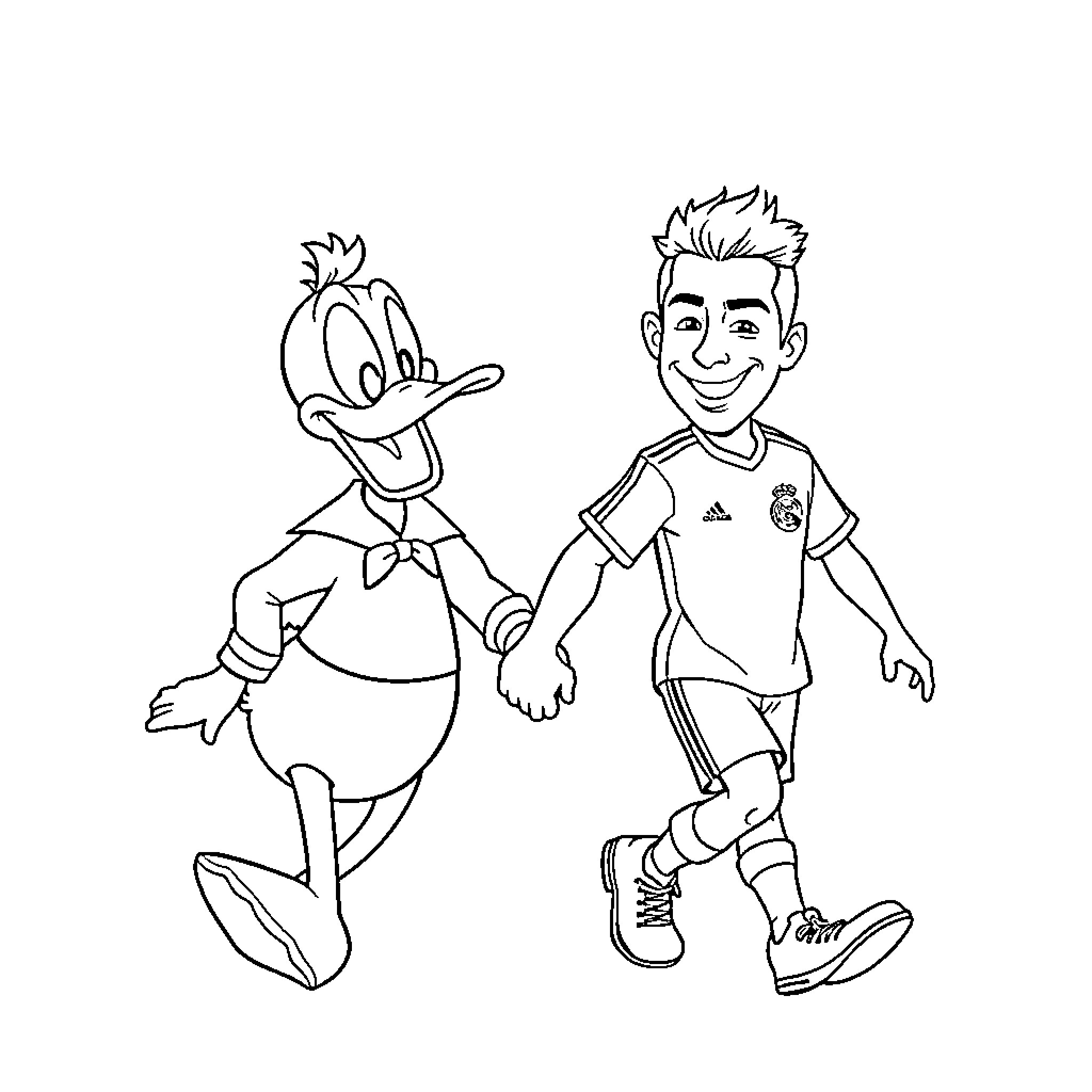Donald Duck and a Smiling Boy in Sports Outfit Coloring Page (free black-and-white line drawing printable PDF for all, from beginners to advanced learners, including children, teens, adults, and seniors)