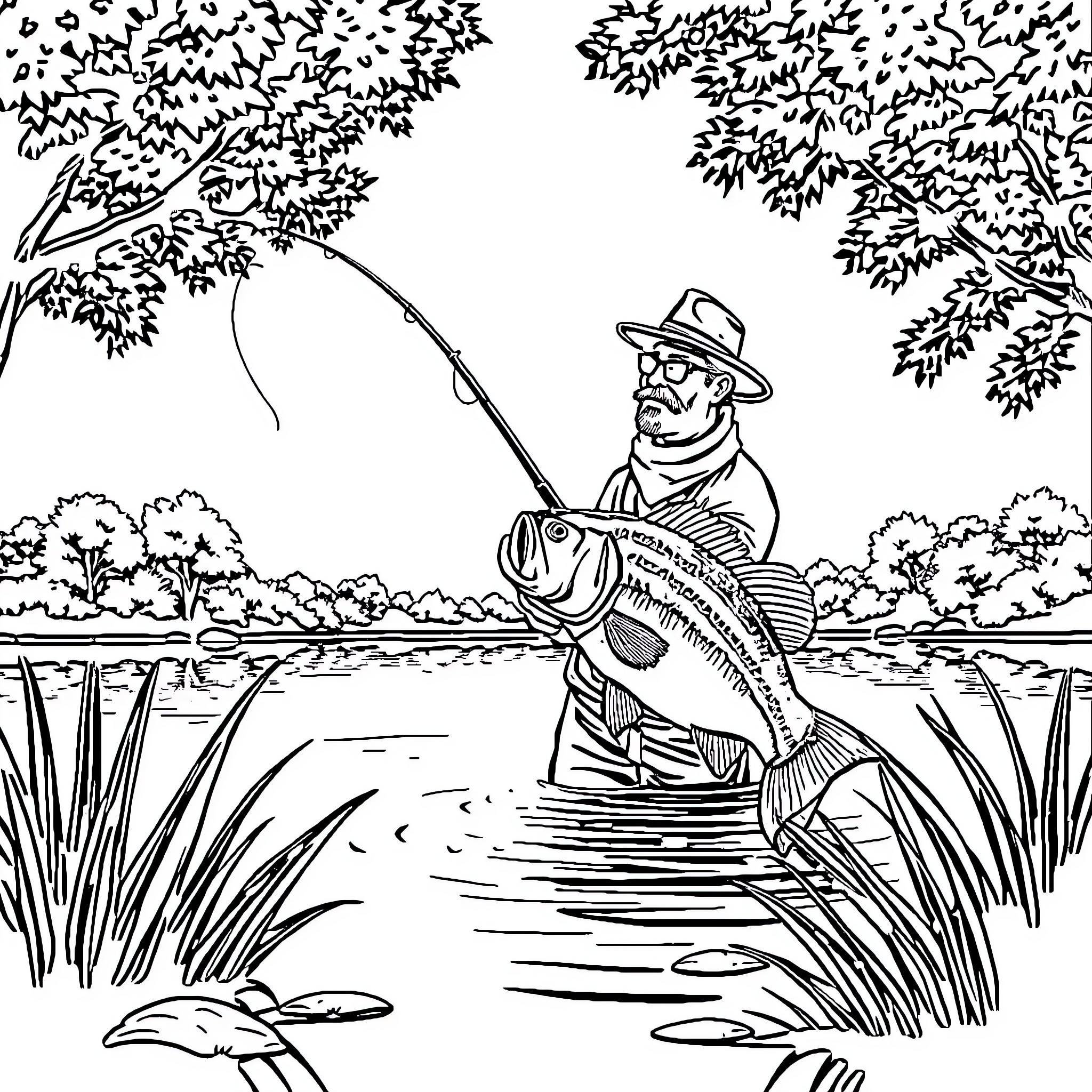 Spider-Man Enjoys Fishing Adventure in Serene Landscape Coloring Page (free black-and-white line drawing printable PDF for all, from beginners to advanced learners, including children, teens, adults, and seniors)