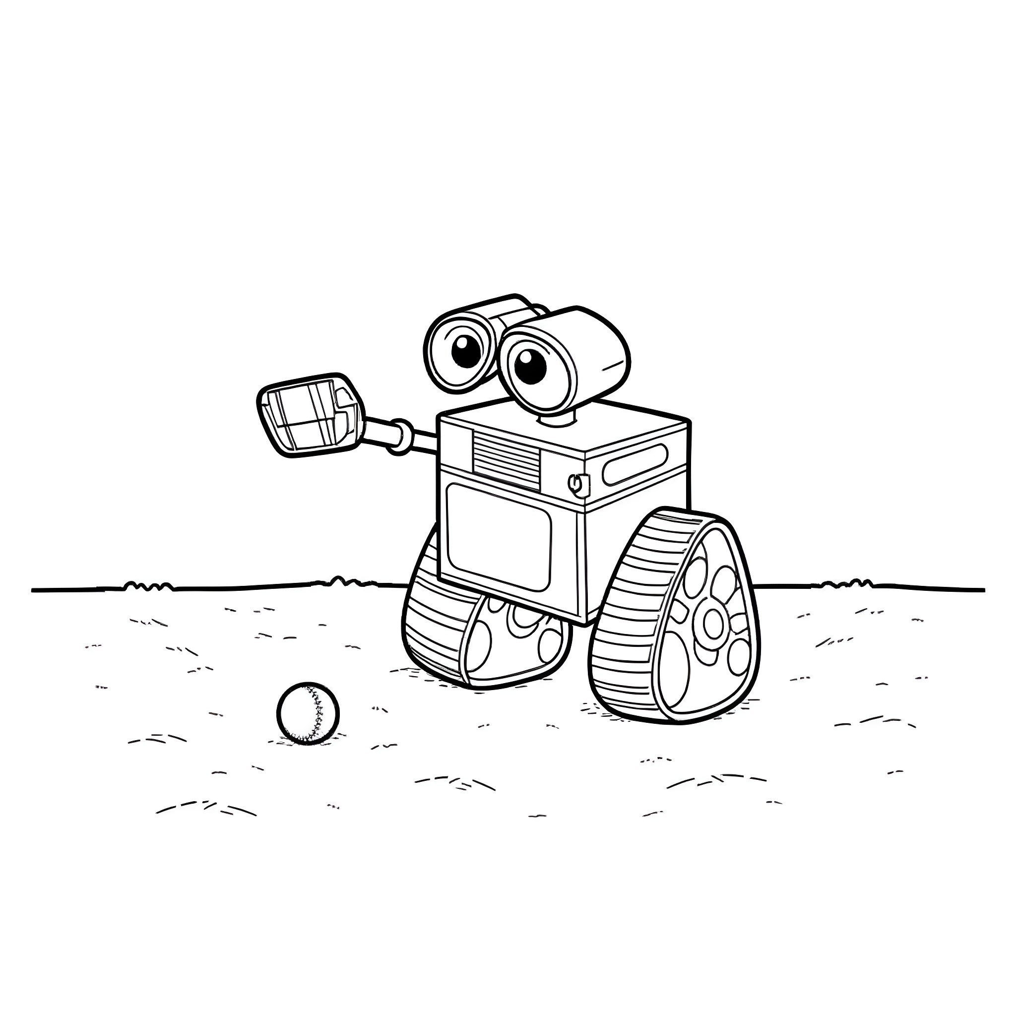 Wall-E exploring the open field Coloring Page (free black-and-white line drawing printable PDF for all, from beginners to advanced learners, including children, teens, adults, and seniors)