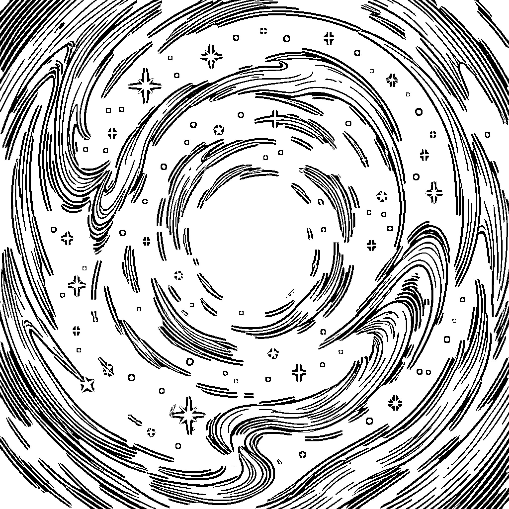 Void of Cosmic Swirls and Celestial Motifs Coloring Page (free black-and-white line drawing printable PDF for all, from beginners to advanced learners, including children, teens, adults, and seniors)