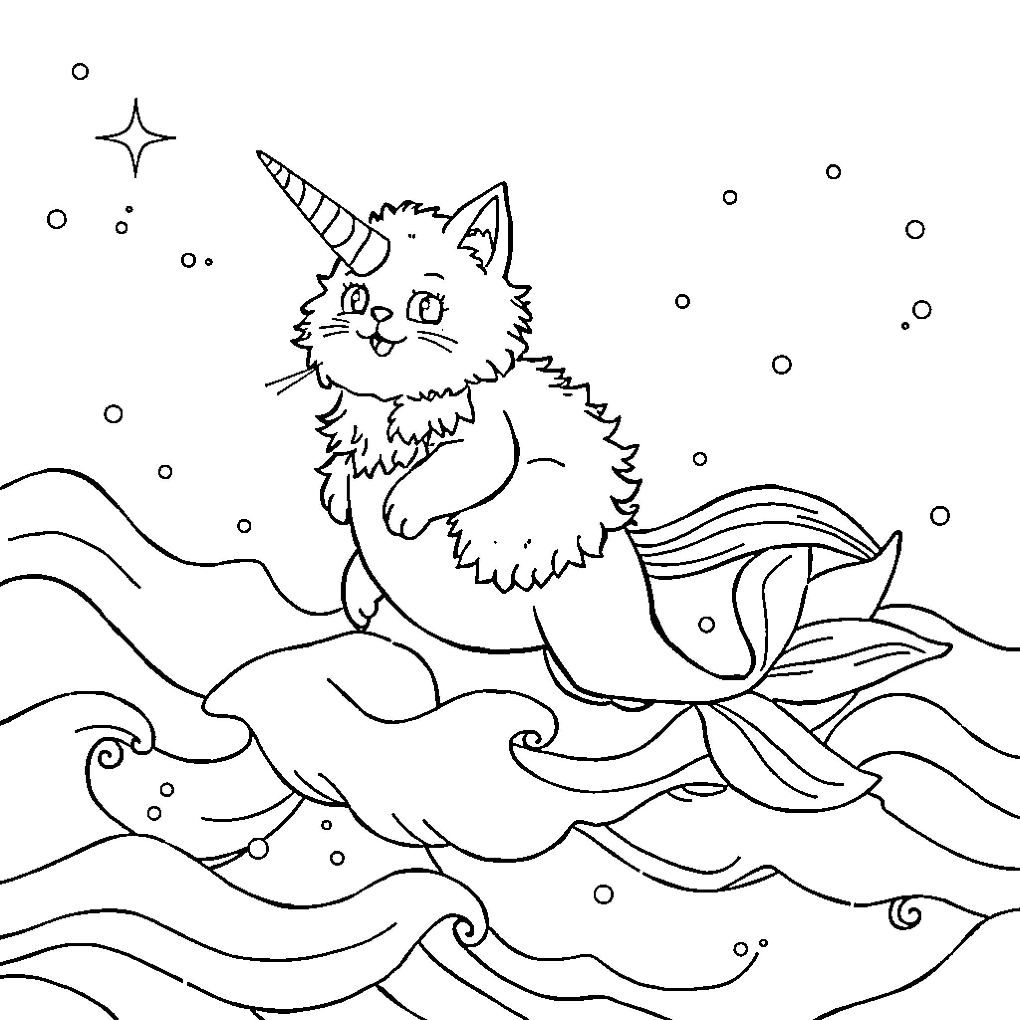Cat riding magical fish in underwater scene Coloring Page (free black-and-white line drawing printable PDF for all, from beginners to advanced learners, including children, teens, adults, and seniors)