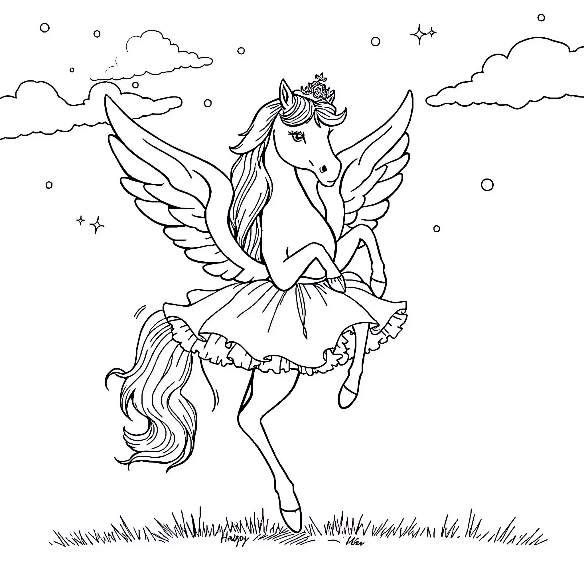Pegasus Unicorn Prancing Through Starry Night Coloring Page (free black-and-white line drawing printable PDF for all, from beginners to advanced learners, including children, teens, adults, and seniors)