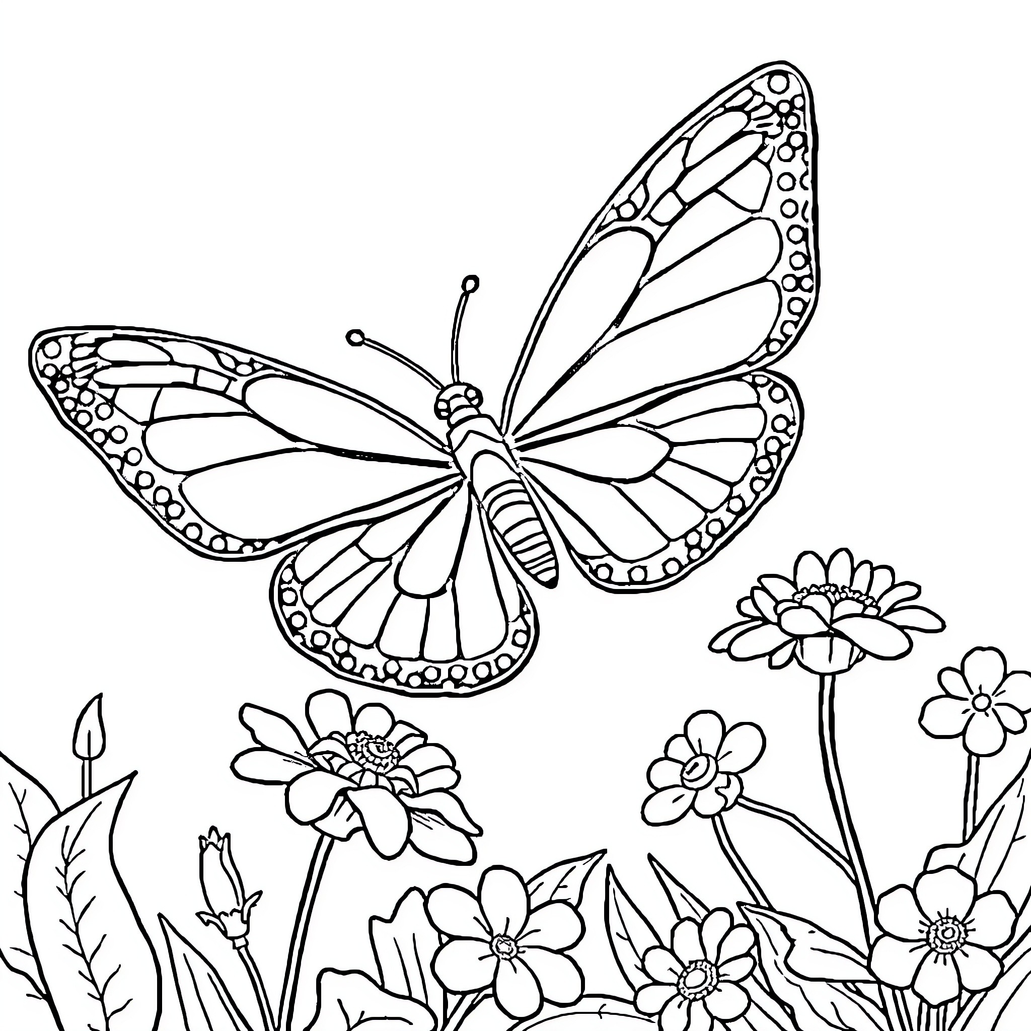 Papillon exploring a floral garden Coloring Page (free black-and-white line drawing printable PDF for all, from beginners to advanced learners, including children, teens, adults, and seniors)