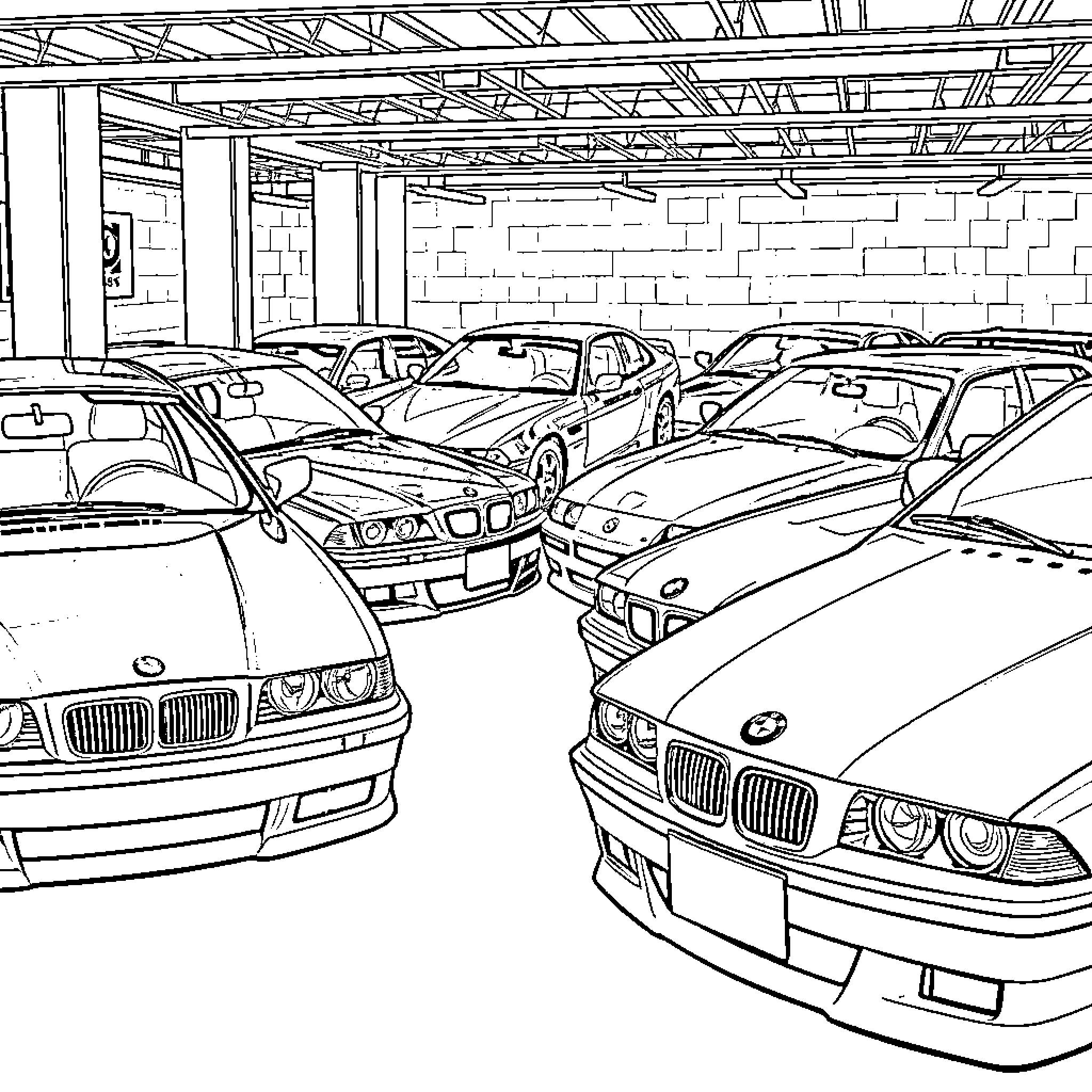 BMW vehicles in a showroom setting Coloring Page (free black-and-white line drawing printable PDF for all, from beginners to advanced learners, including children, teens, adults, and seniors)