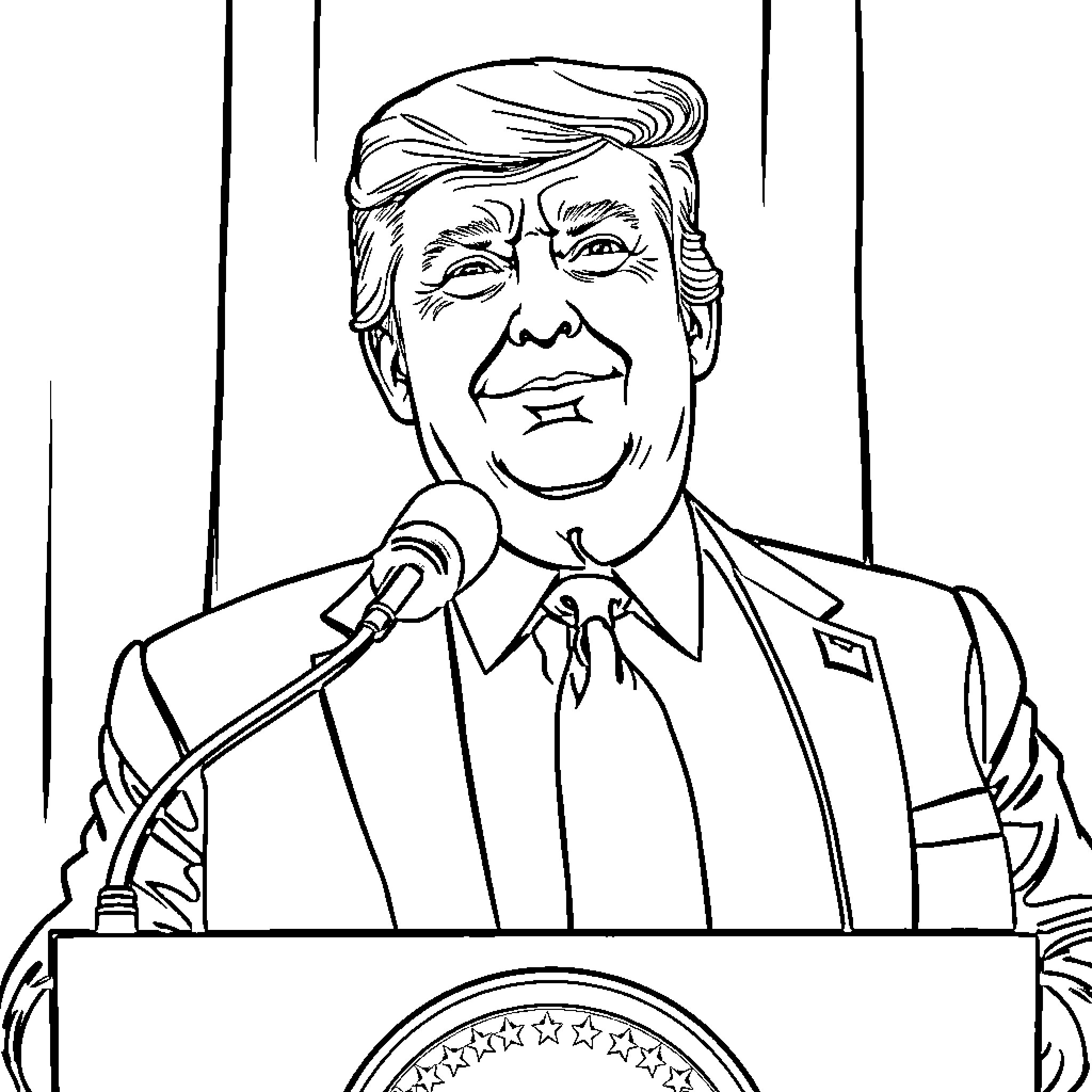Donald Trump Delivering Speech at the Podium Coloring Page (free black-and-white line drawing printable PDF for all, from beginners to advanced learners, including children, teens, adults, and seniors)