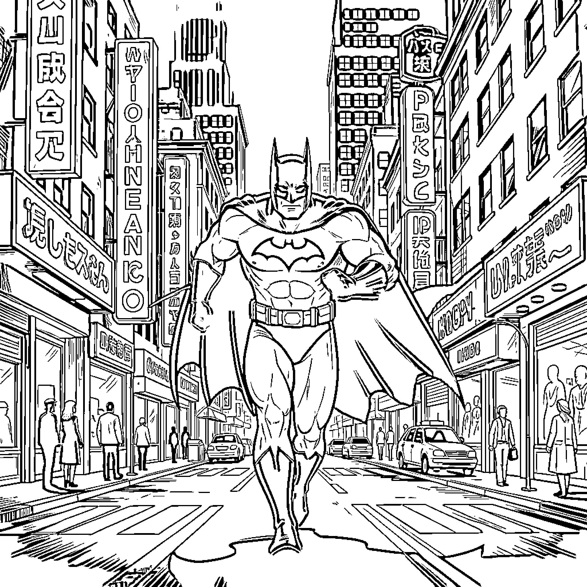 Batman patrolling the bustling city streets Coloring Page (free black-and-white line drawing printable PDF for all, from beginners to advanced learners, including children, teens, adults, and seniors)