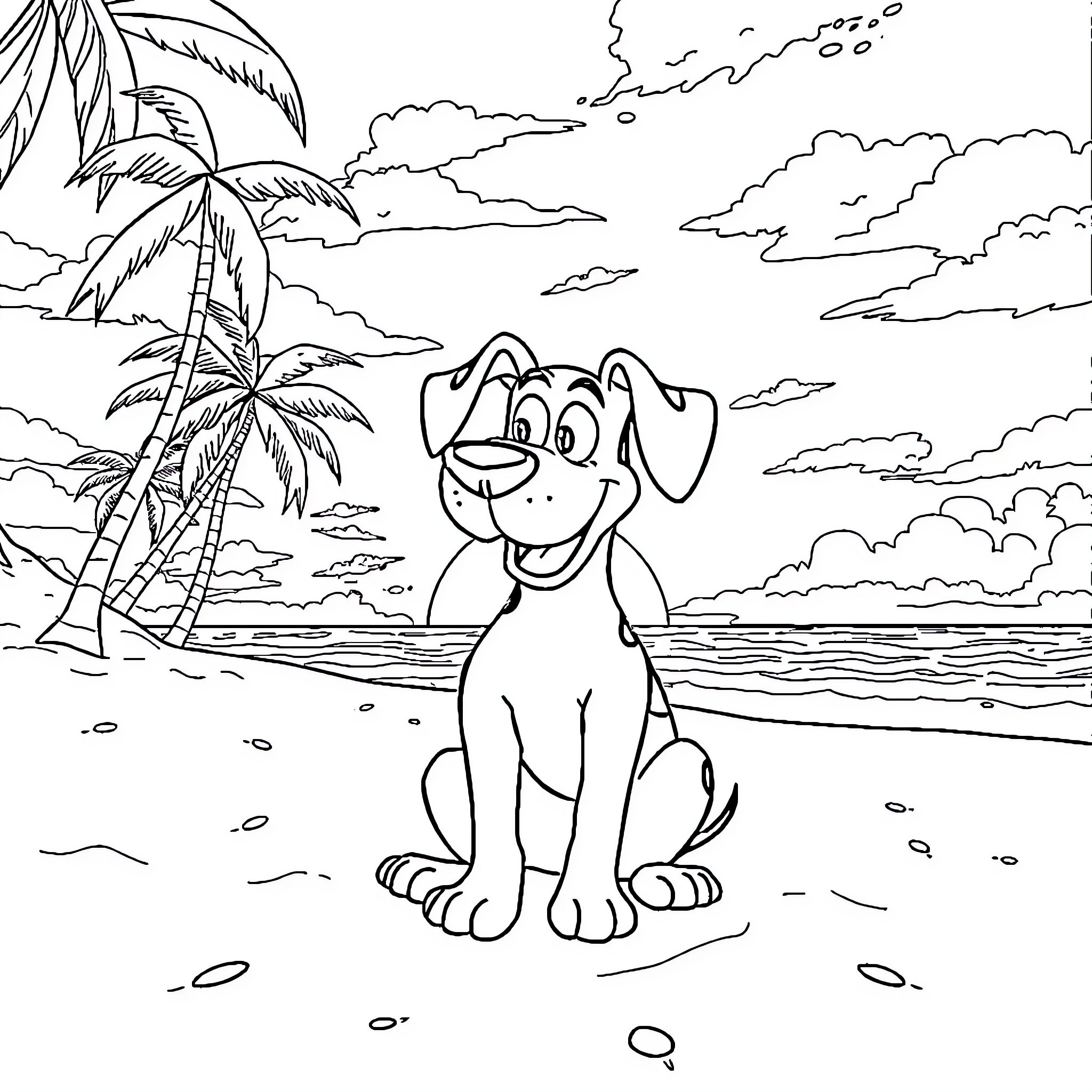 Courage of a Playful Pup on the Beach Coloring Page (free black-and-white line drawing printable PDF for all, from beginners to advanced learners, including children, teens, adults, and seniors)