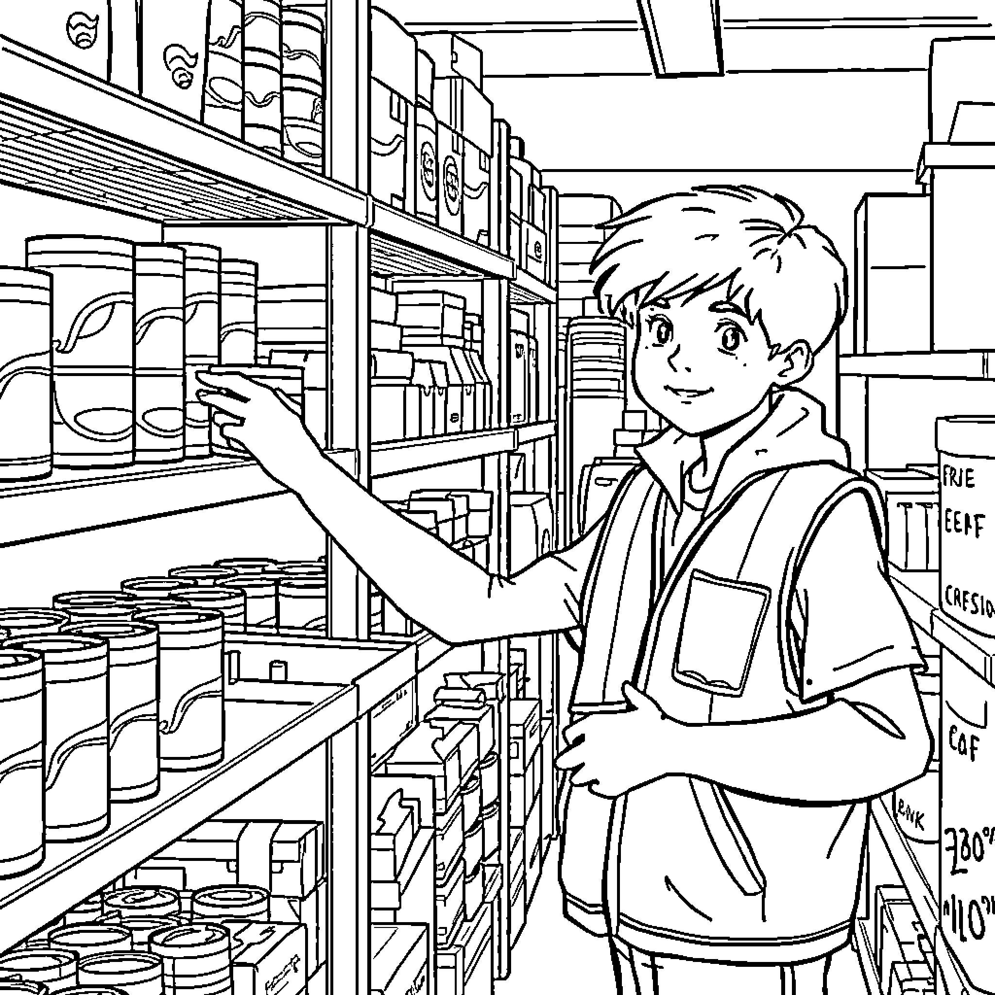 Kid exploring store shelves with excitement Coloring Page (free black-and-white line drawing printable PDF for all, from beginners to advanced learners, including children, teens, adults, and seniors)