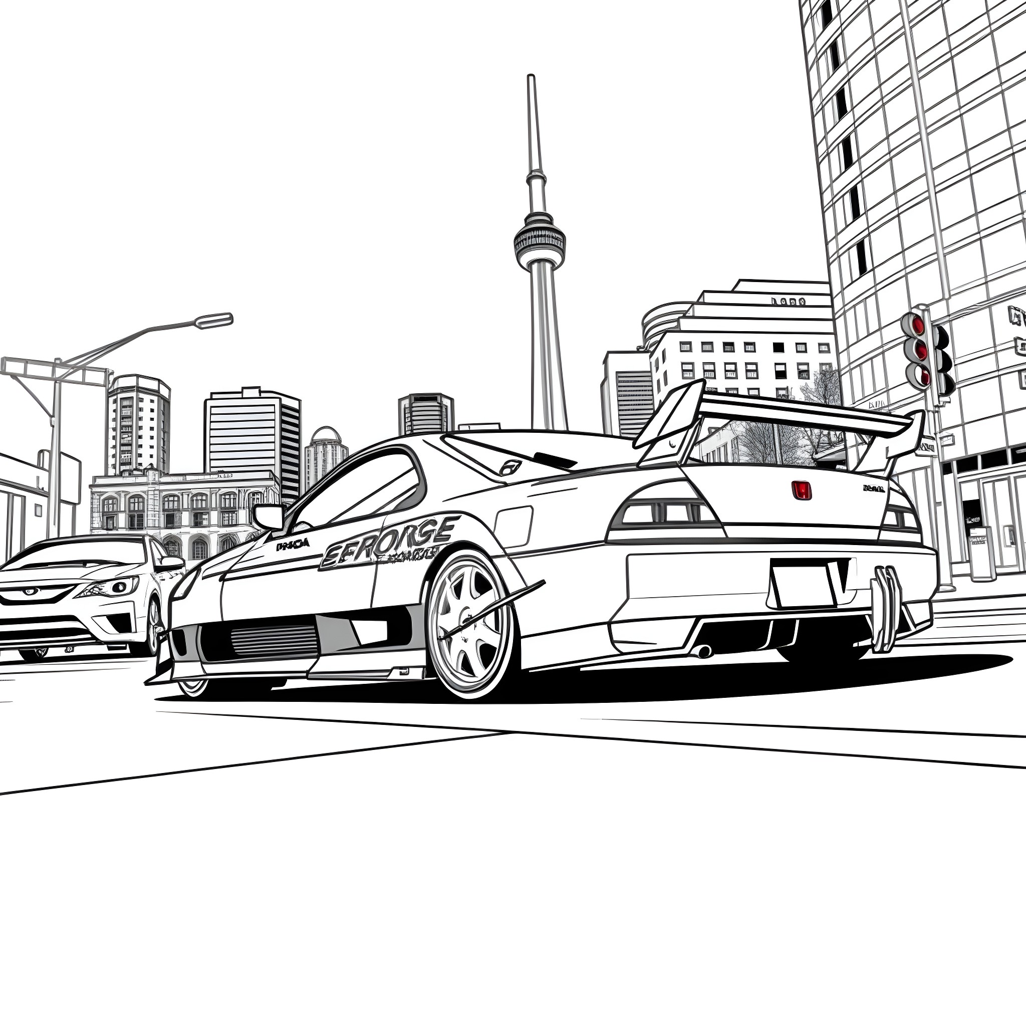 Honda Police Car Chasing in Cityscape Coloring Page (free black-and-white line drawing printable PDF for all, from beginners to advanced learners, including children, teens, adults, and seniors)