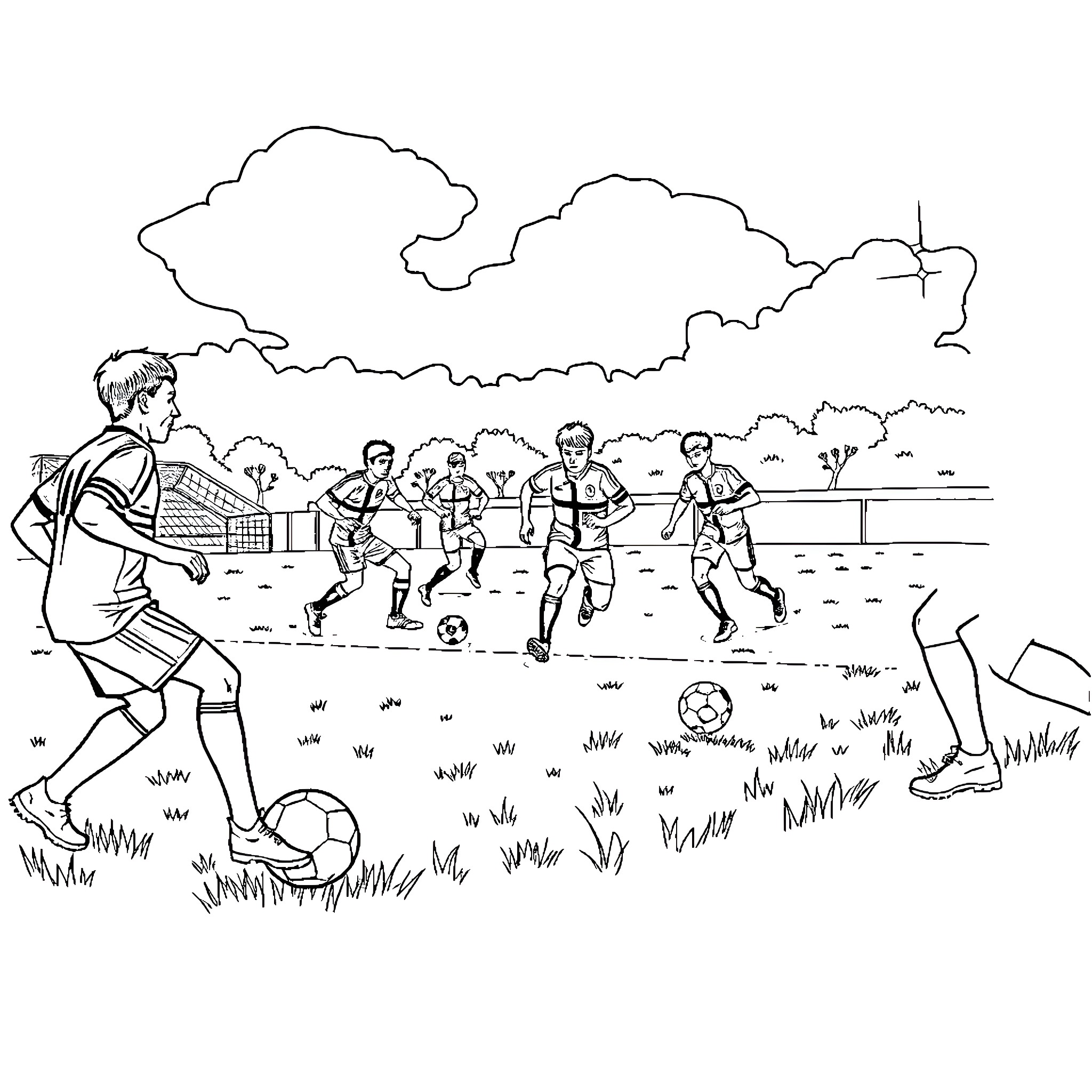 Soccer Team Playing on Field Coloring Page (free black-and-white line drawing printable PDF for all, from beginners to advanced learners, including children, teens, adults, and seniors)