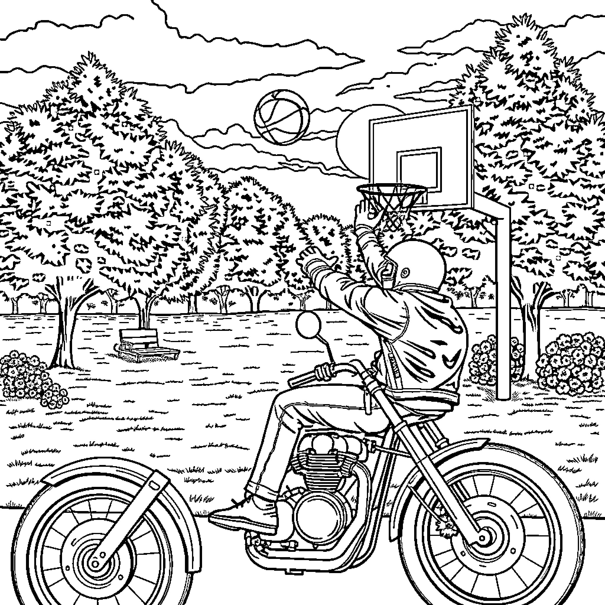 Motorcycle rider enjoying scenic outdoor basketball court Coloring Page (free black-and-white line drawing printable PDF for all, from beginners to advanced learners, including children, teens, adults, and seniors)