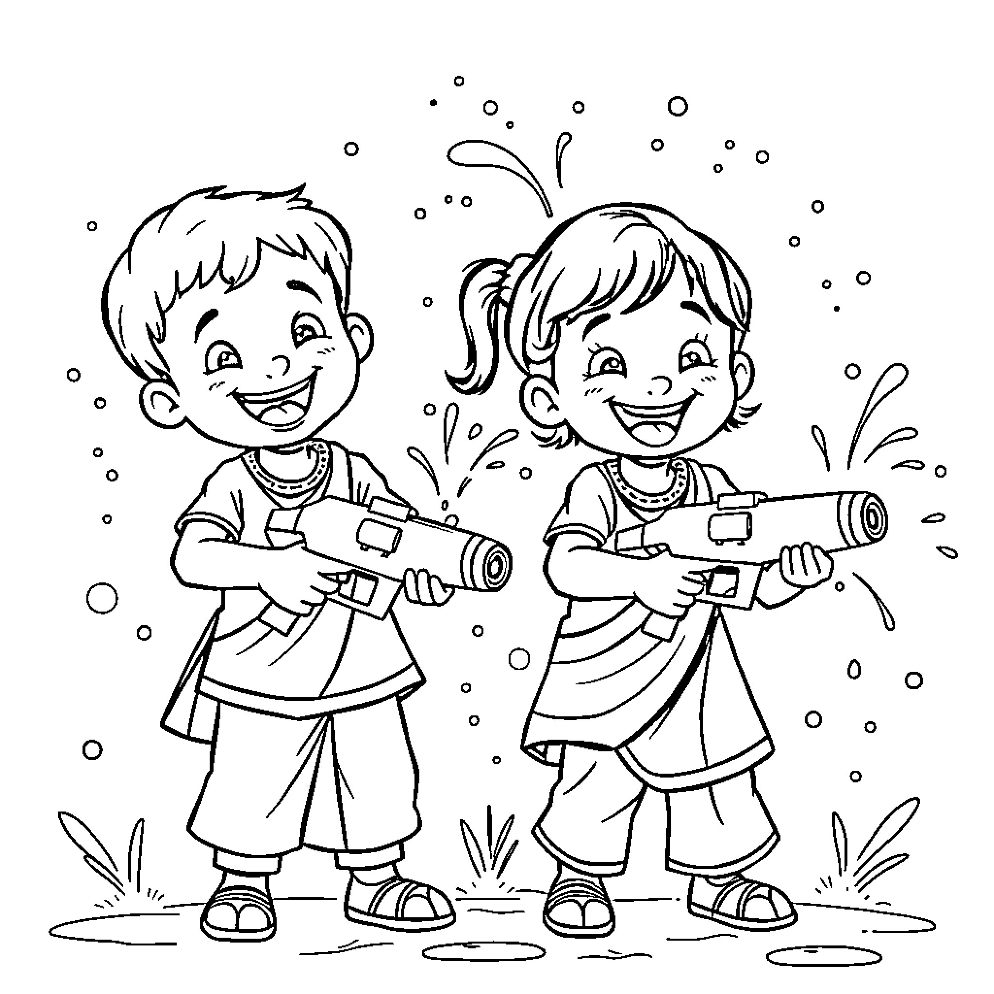 Child Playing with Water Guns in Outdoor Adventure Coloring Page (free black-and-white line drawing printable PDF for all, from beginners to advanced learners, including children, teens, adults, and seniors)