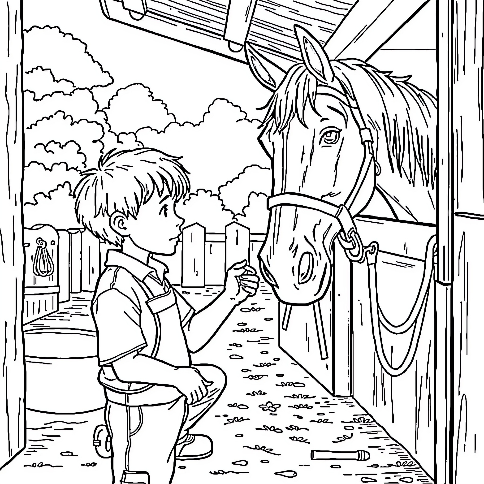 Ethan Klein playing with a horse in a farm setting Coloring Page (free black-and-white line drawing printable PDF for all, from beginners to advanced learners, including children, teens, adults, and seniors)