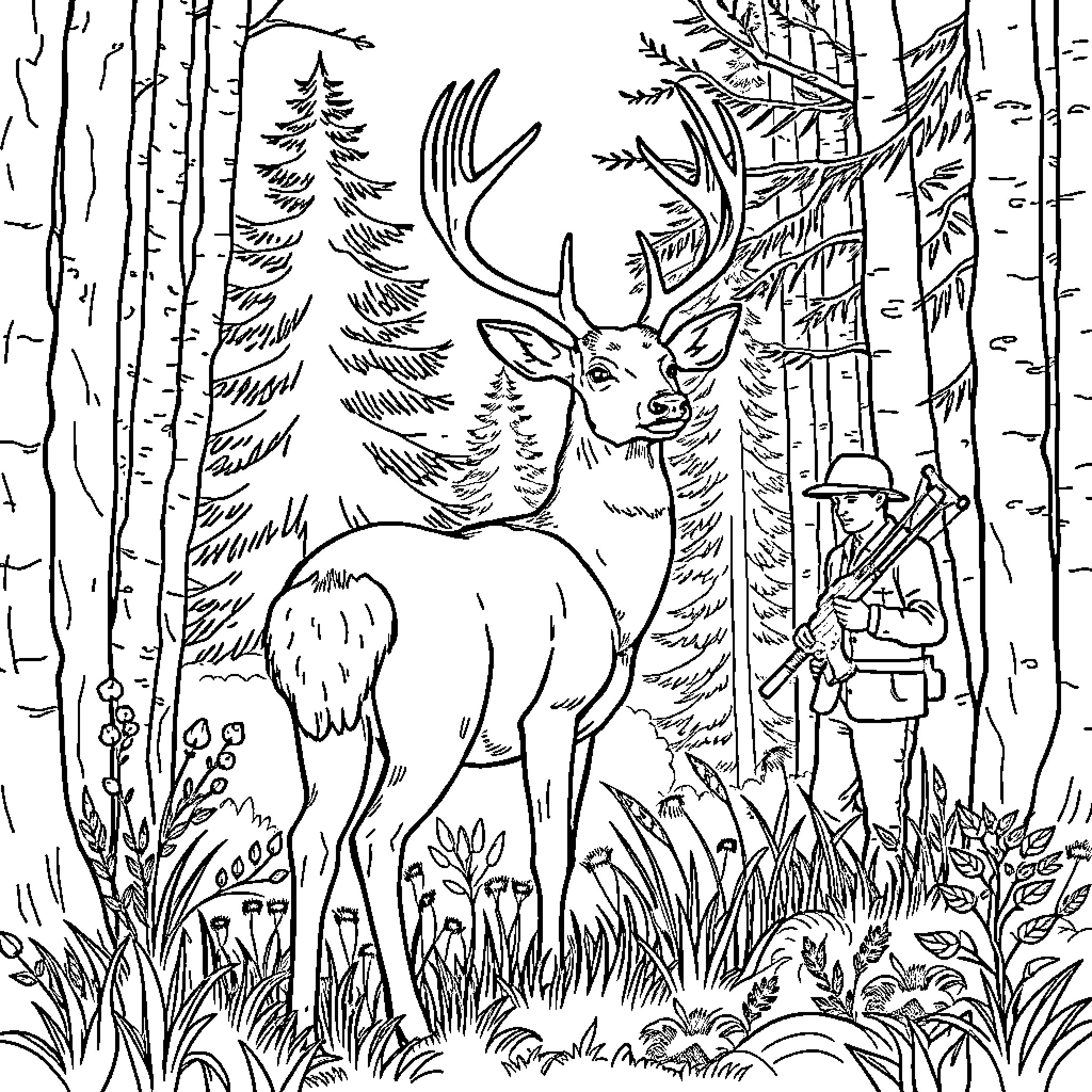 Deer in forest with hunter observing Coloring Page (free black-and-white line drawing printable PDF for all, from beginners to advanced learners, including children, teens, adults, and seniors)