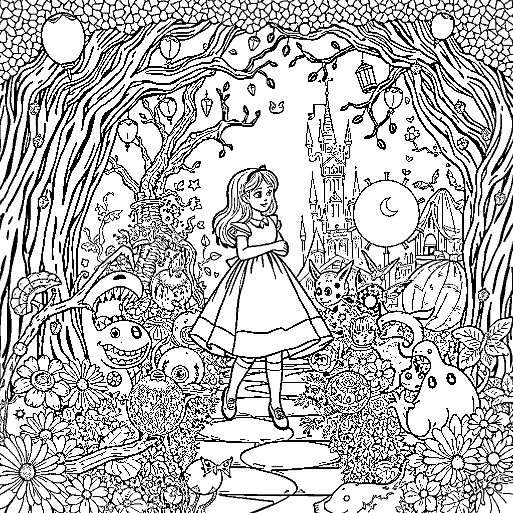 Alice's Fantastical Adventure in the Enchanted Forest Coloring Page (free black-and-white line drawing printable PDF for all, from beginners to advanced learners, including children, teens, adults, and seniors)