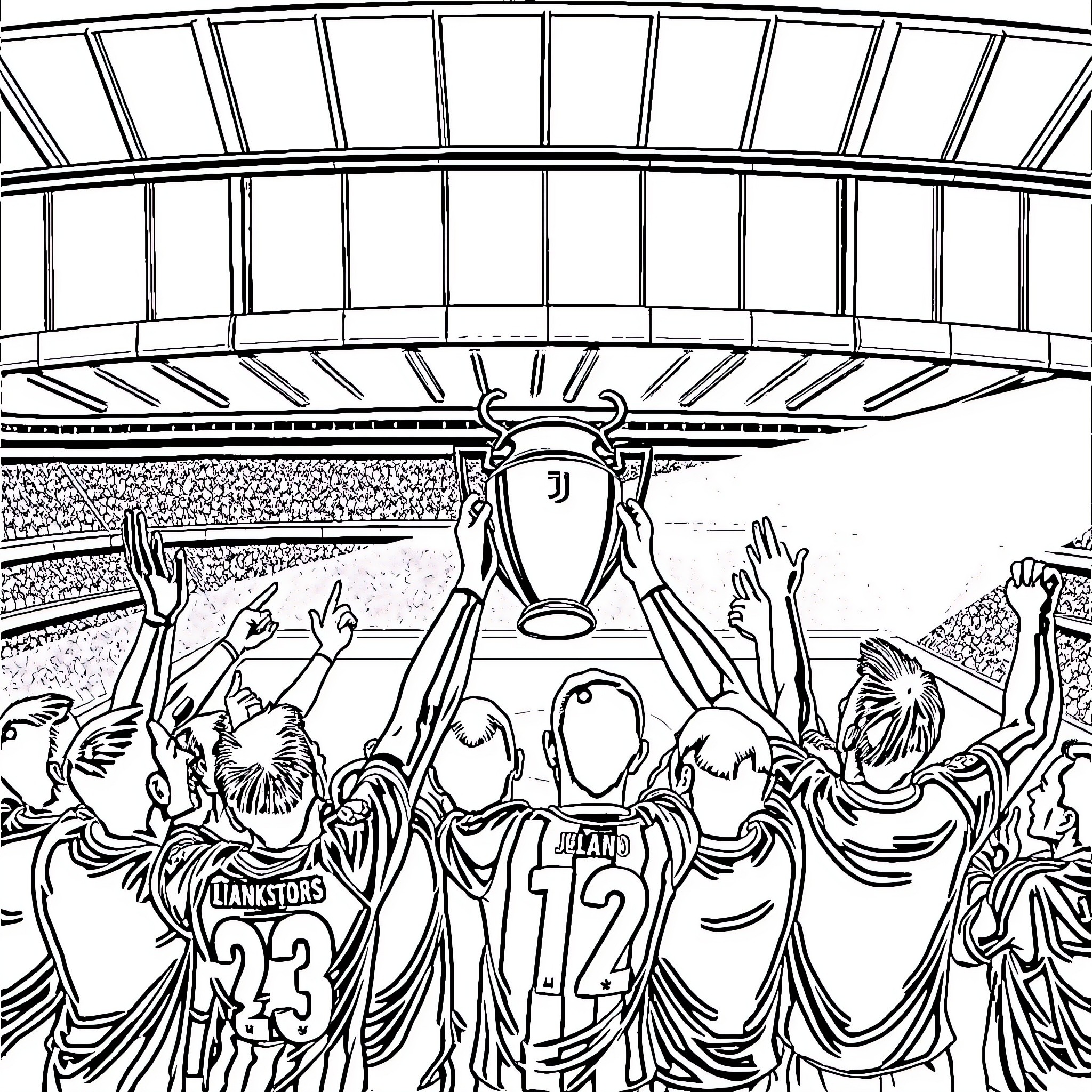 Juventus players celebrating trophy victory in stadium Coloring Page (free black-and-white line drawing printable PDF for all, from beginners to advanced learners, including children, teens, adults, and seniors)