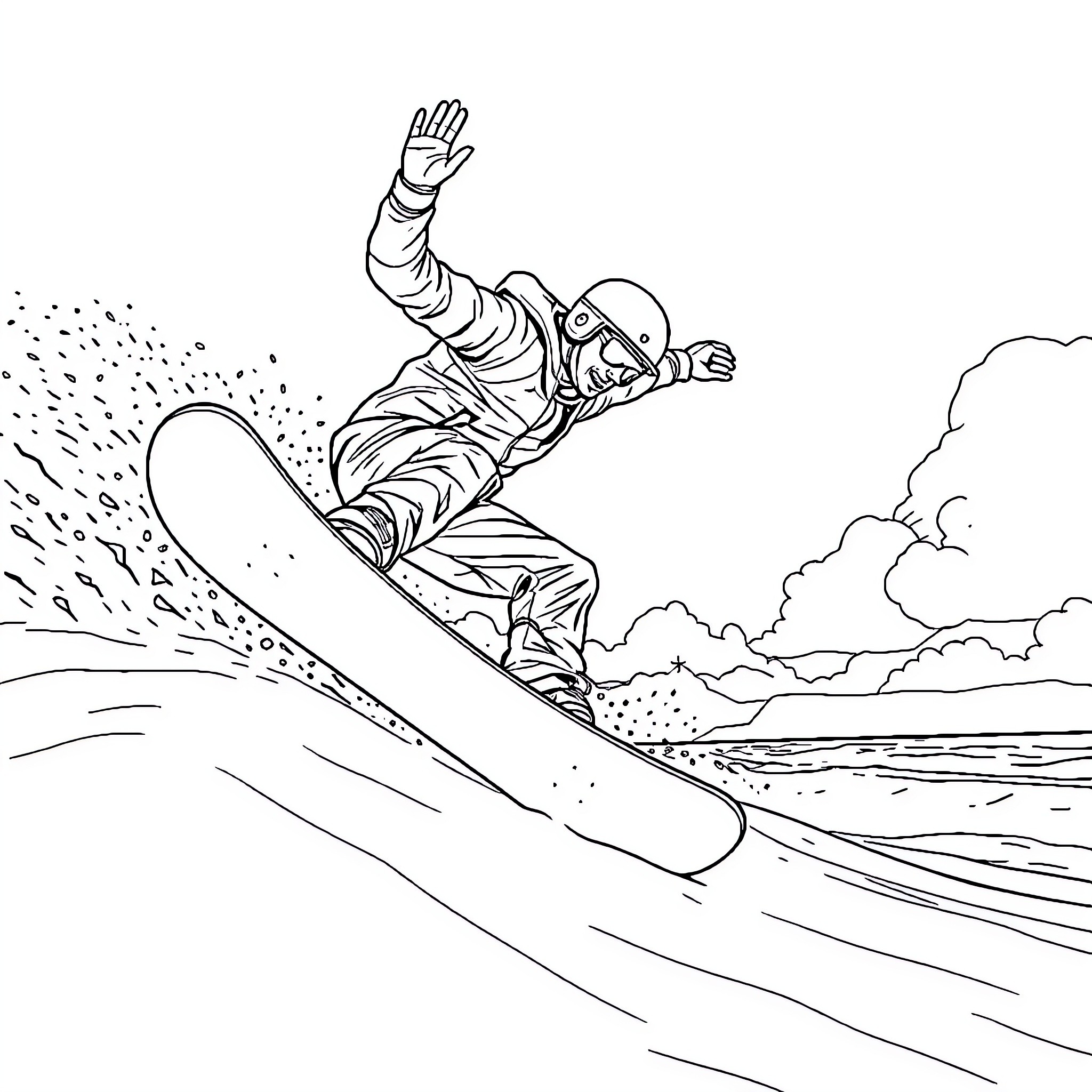 Snowboarder shredding through snowy slopes Coloring Page (free black-and-white line drawing printable PDF for all, from beginners to advanced learners, including children, teens, adults, and seniors)