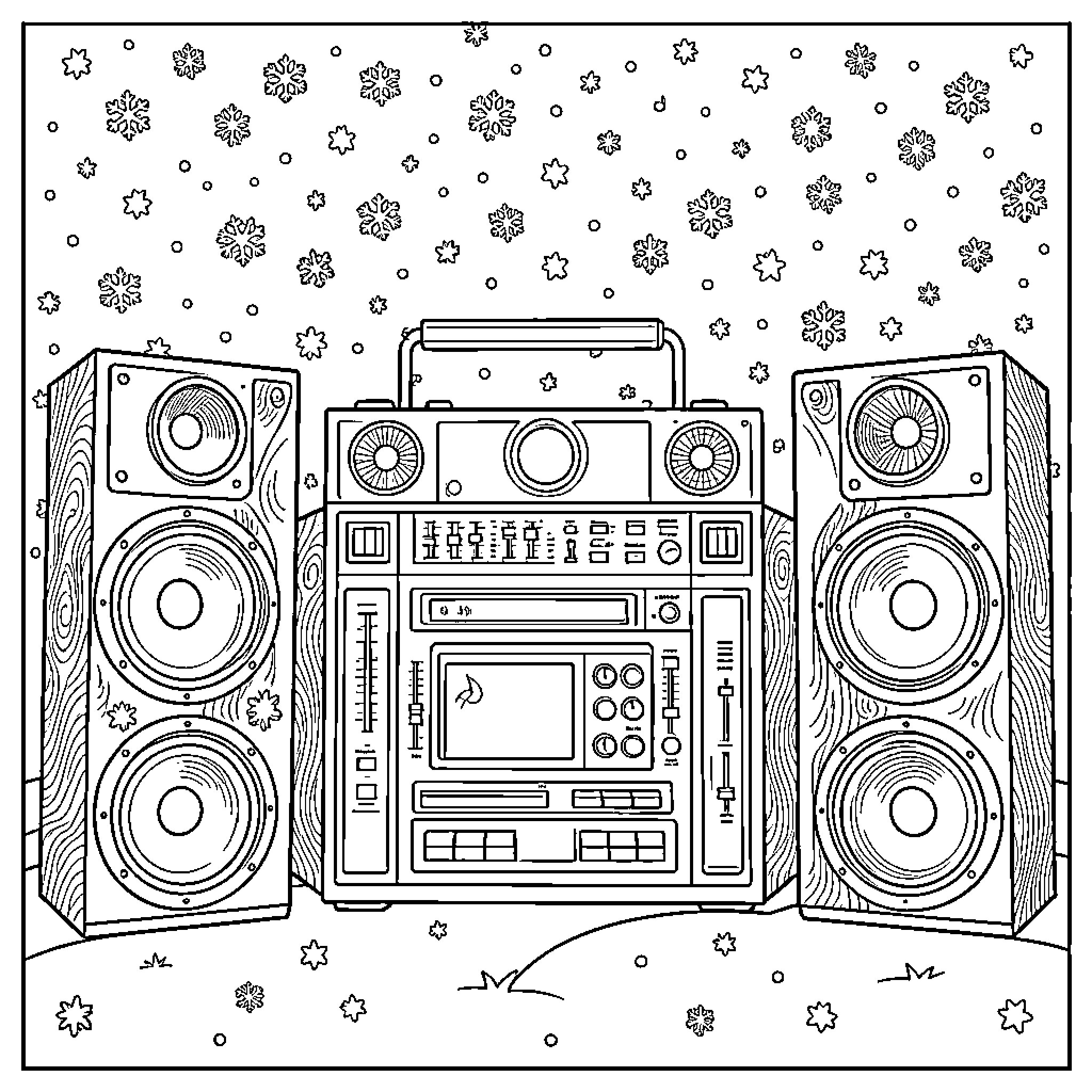 Snowflake Beats: Retro Music Player in the Snowy Season Coloring Page (free black-and-white line drawing printable PDF for all, from beginners to advanced learners, including children, teens, adults, and seniors)