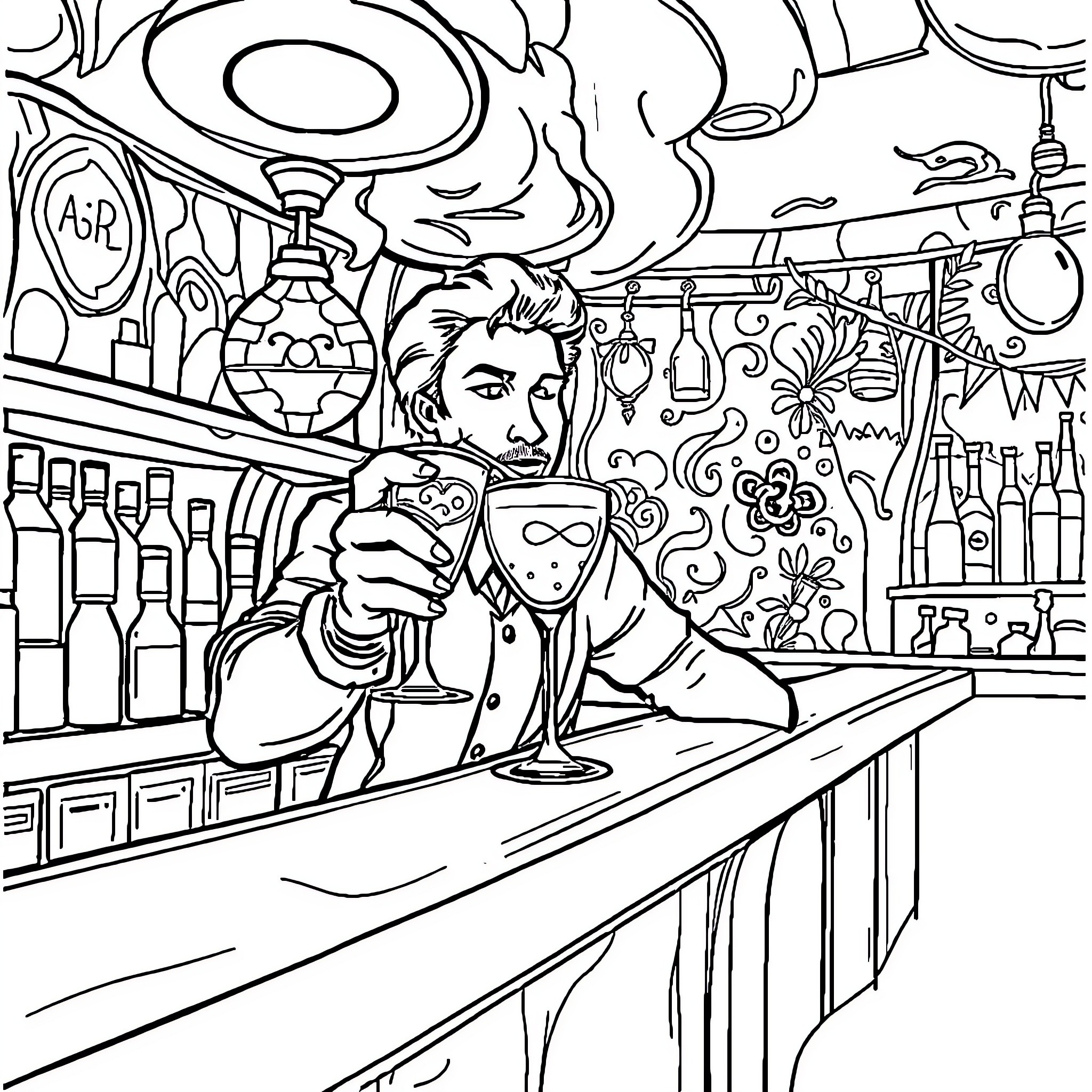 Barman serving drinks at an eclectic bar Coloring Page (free black-and-white line drawing printable PDF for all, from beginners to advanced learners, including children, teens, adults, and seniors)