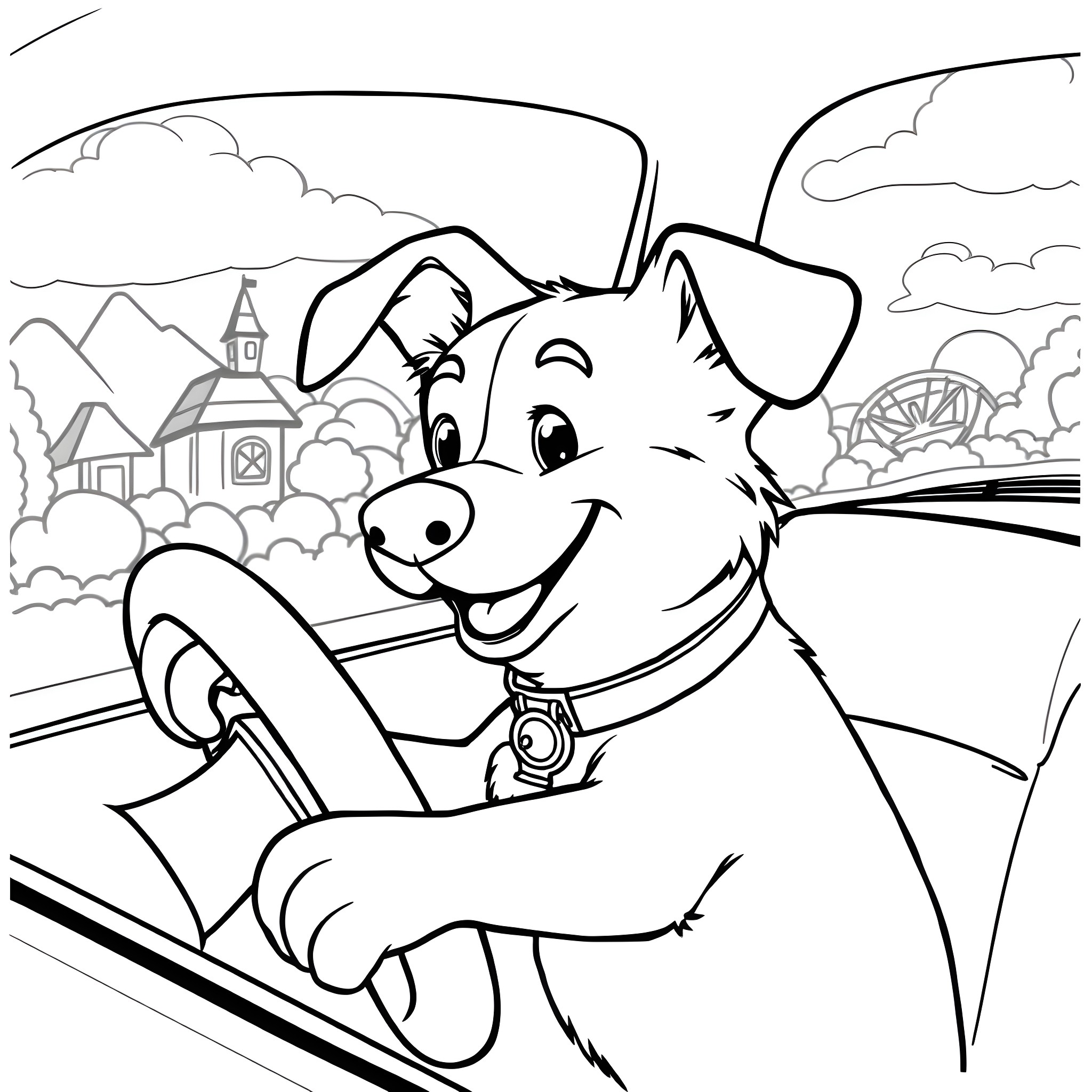 Bluey driving happily in the countryside Coloring Page (free black-and-white line drawing printable PDF for all, from beginners to advanced learners, including children, teens, adults, and seniors)