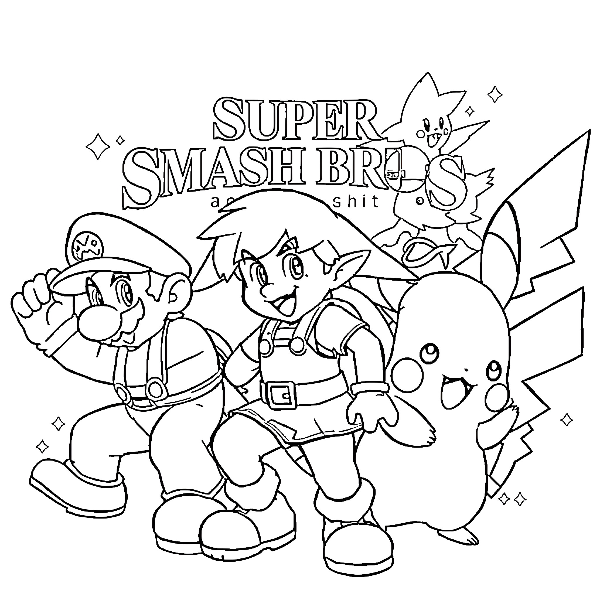 Super Smash Bros Characters in Action Coloring Page (free black-and-white line drawing printable PDF for all, from beginners to advanced learners, including children, teens, adults, and seniors)