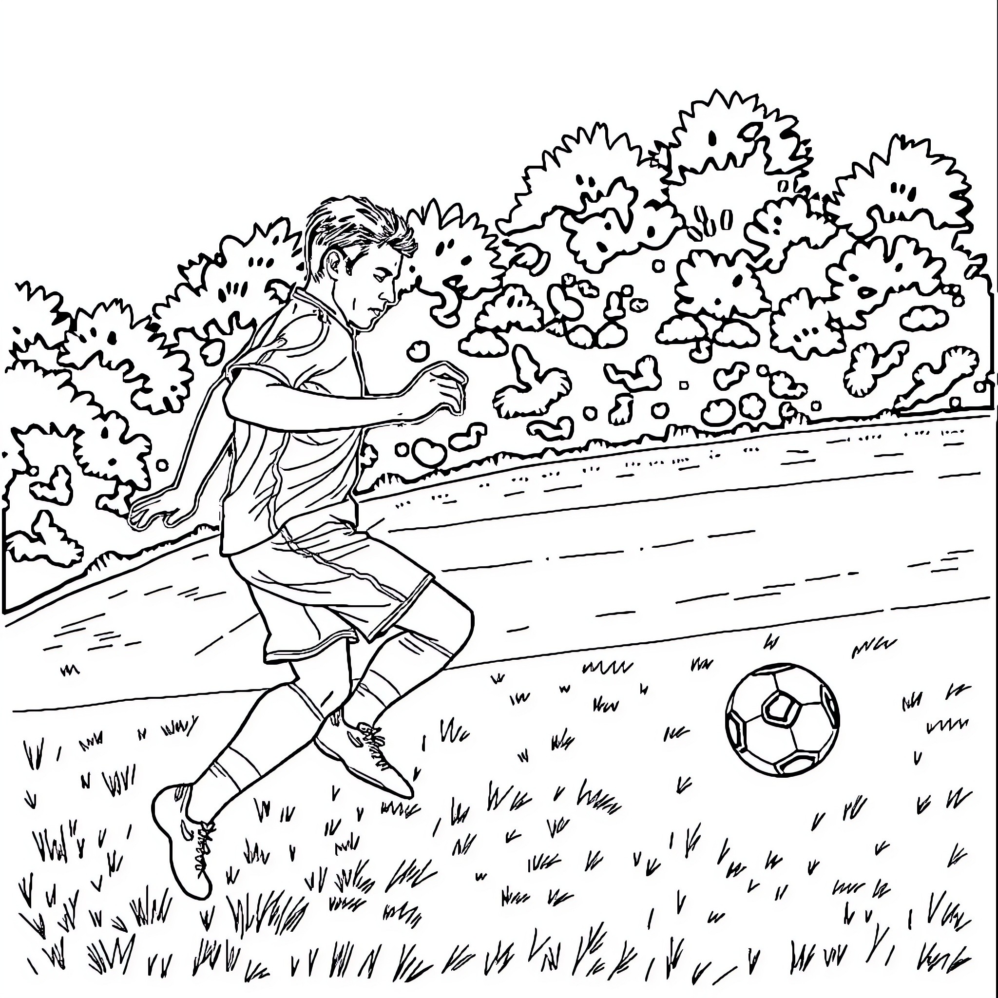 Macron Playing Soccer in the Park Coloring Page (free black-and-white line drawing printable PDF for all, from beginners to advanced learners, including children, teens, adults, and seniors)