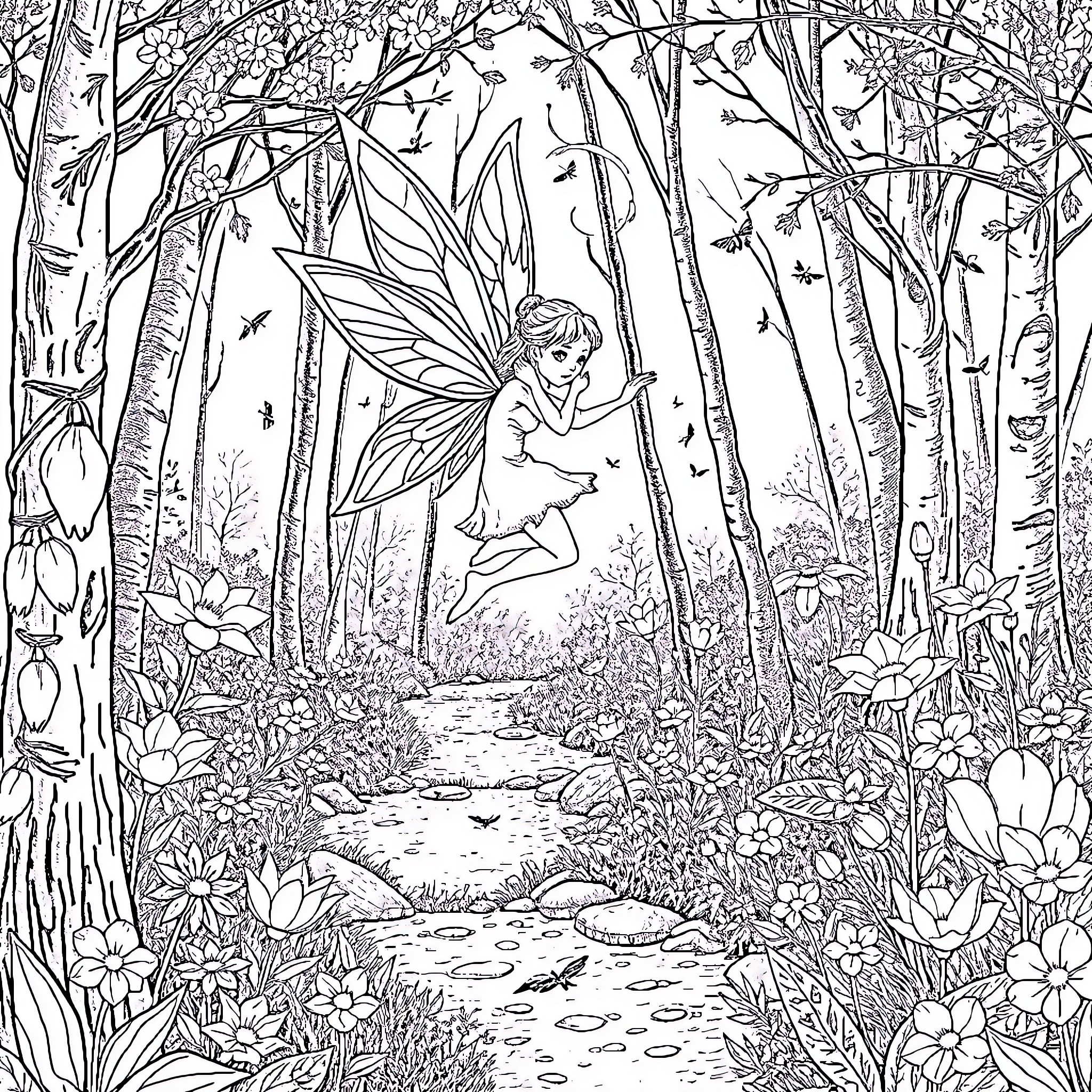 Fairy exploring magical forest with enchanting details Coloring Page (free black-and-white line drawing printable PDF for all, from beginners to advanced learners, including children, teens, adults, and seniors)