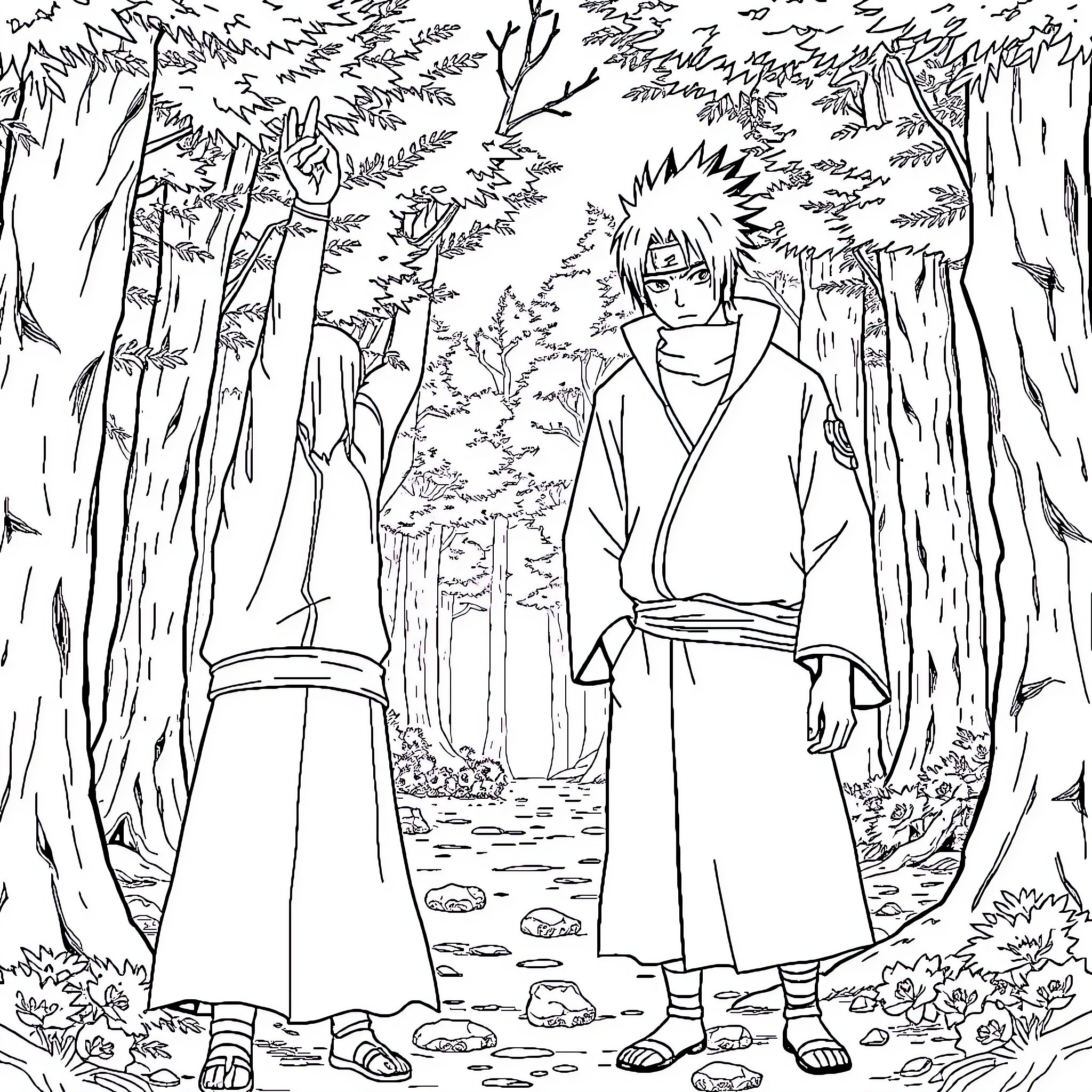 Itachi walking alone in the forest Coloring Page (free black-and-white line drawing printable PDF for all, from beginners to advanced learners, including children, teens, adults, and seniors)