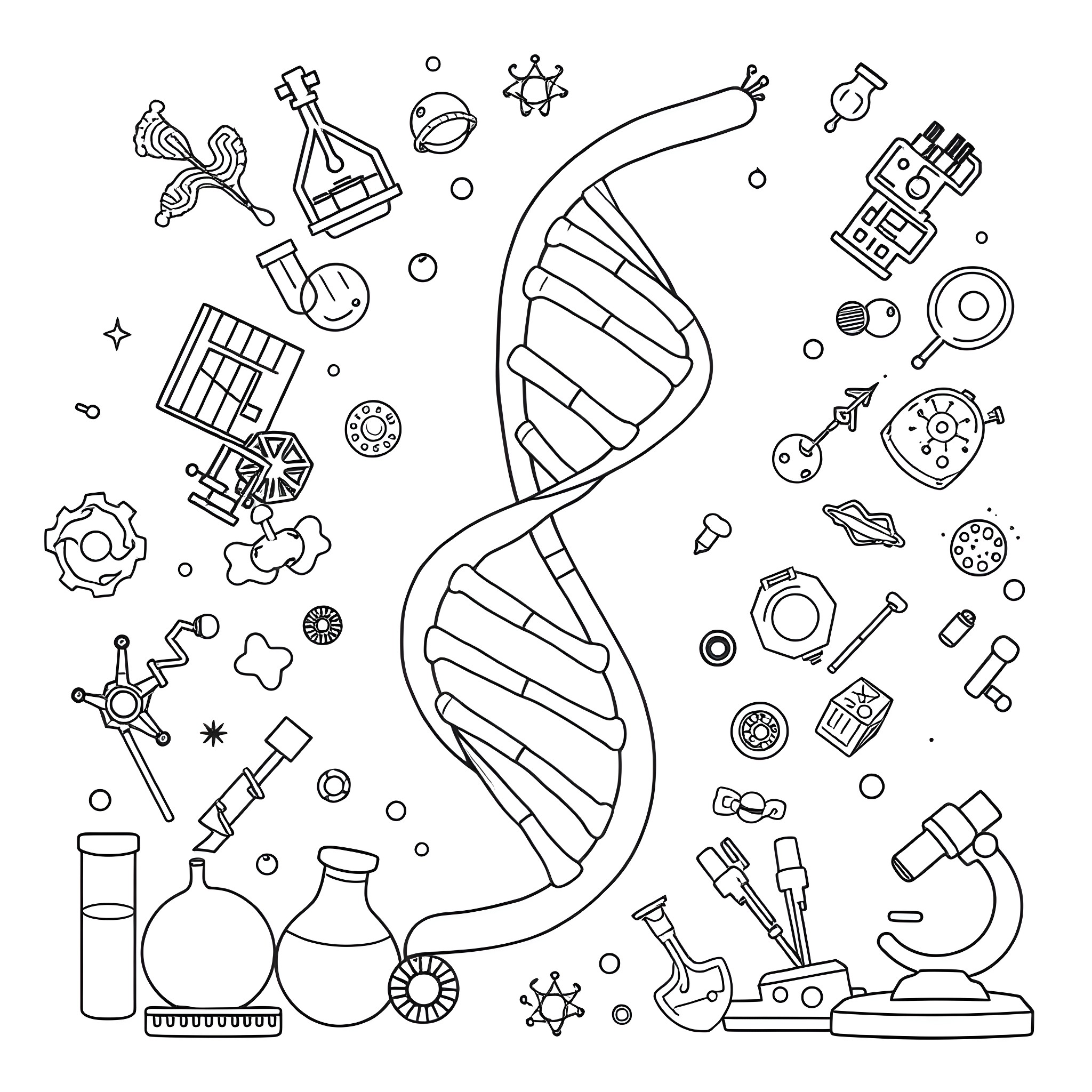 DNA Structure and Scientific Elements Coloring Page (free black-and-white line drawing printable PDF for all, from beginners to advanced learners, including children, teens, adults, and seniors)