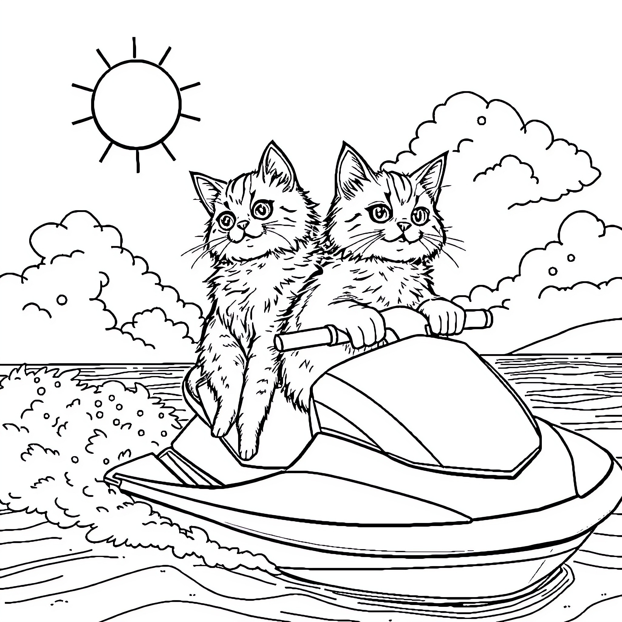 Cats enjoying a ride on a jet ski Coloring Page (free black-and-white line drawing printable PDF for all, from beginners to advanced learners, including children, teens, adults, and seniors)