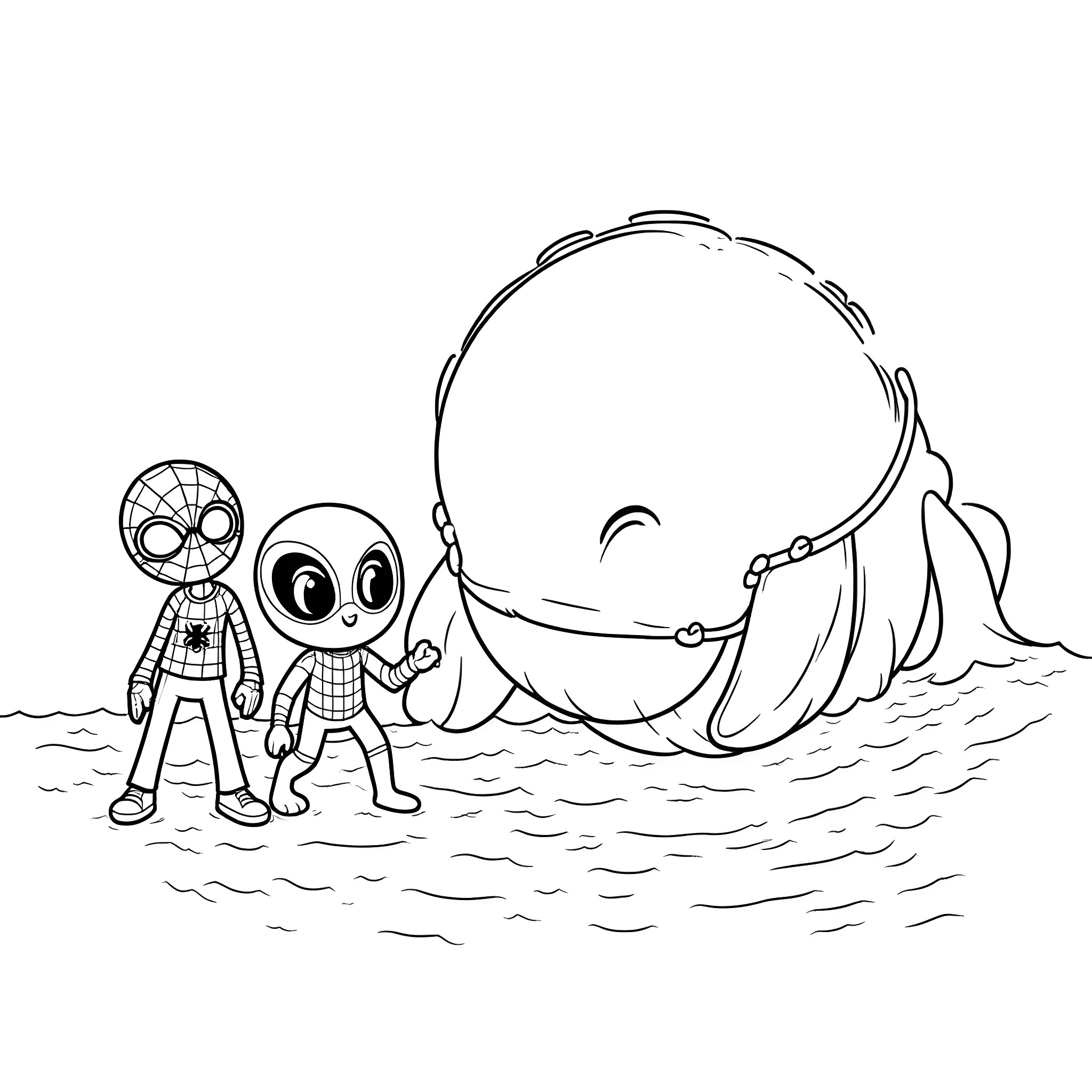 Bluey and friends exploring the sea Coloring Page (free black-and-white line drawing printable PDF for all, from beginners to advanced learners, including children, teens, adults, and seniors)