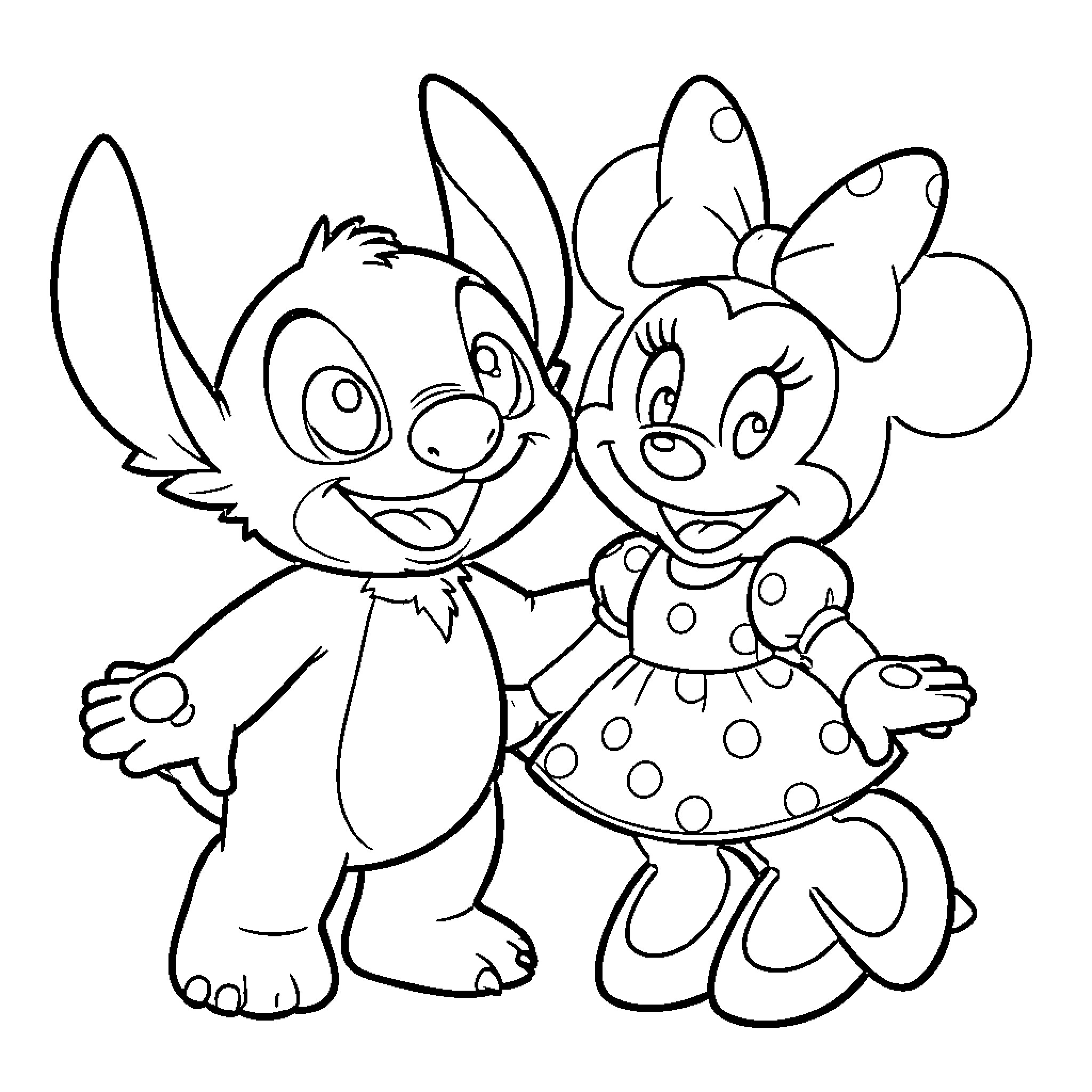 Stitch and Minnie playing together happily Coloring Page (free black-and-white line drawing printable PDF for all, from beginners to advanced learners, including children, teens, adults, and seniors)