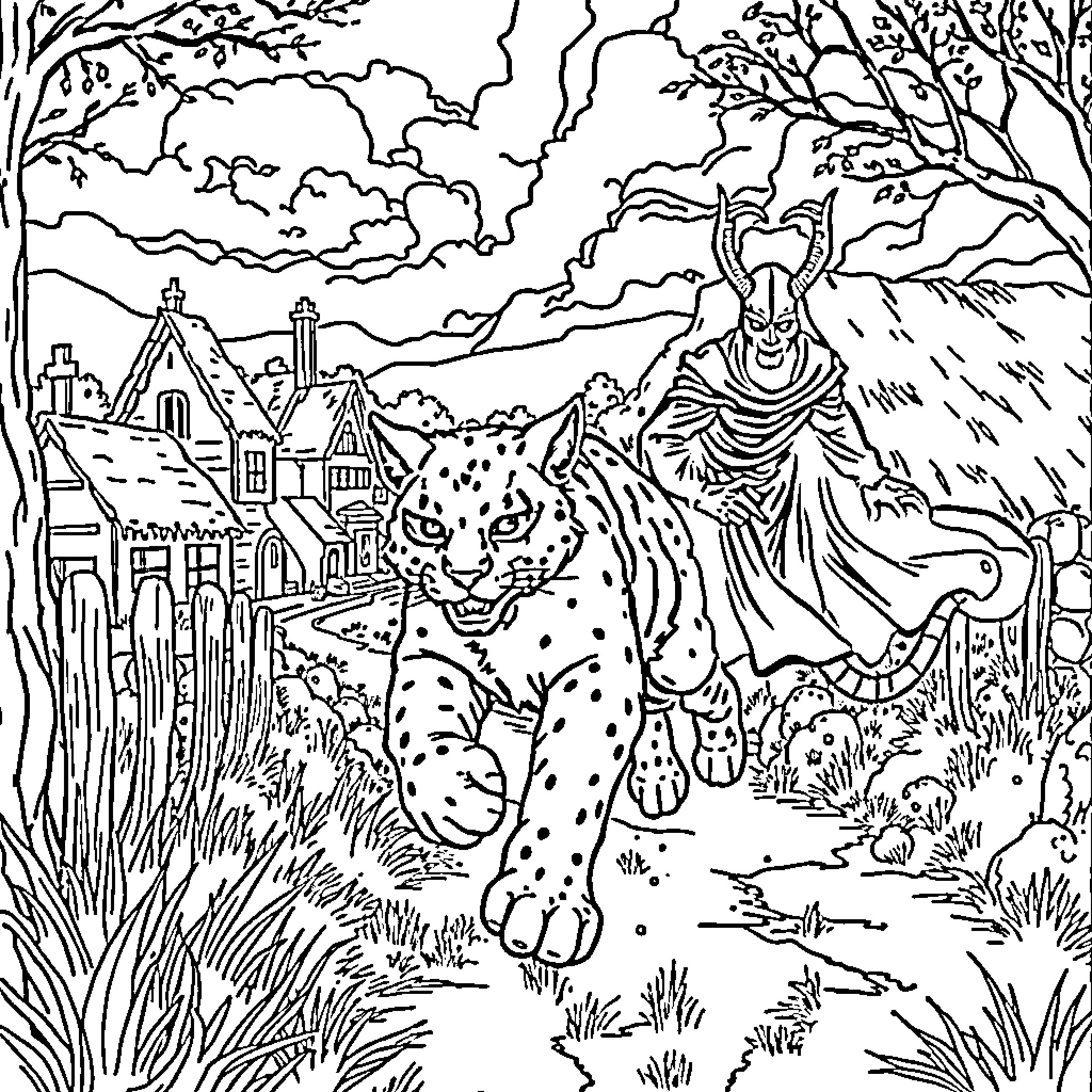 Cat Encounter with Mythical Creature in Fantasy Landscape Coloring Page (free black-and-white line drawing printable PDF for all, from beginners to advanced learners, including children, teens, adults, and seniors)