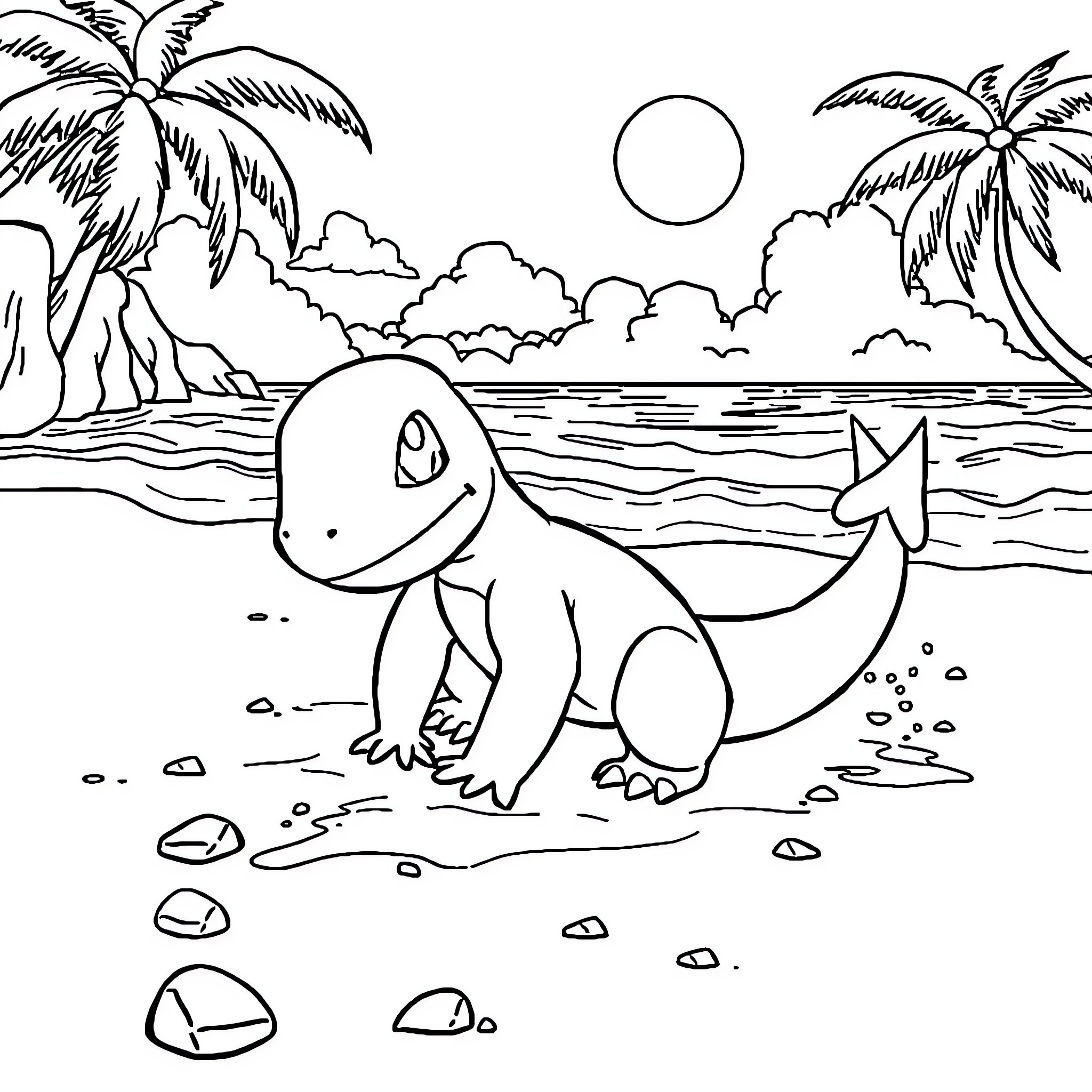 Charmander enjoying a tropical beach scene Coloring Page (free black-and-white line drawing printable PDF for all, from beginners to advanced learners, including children, teens, adults, and seniors)