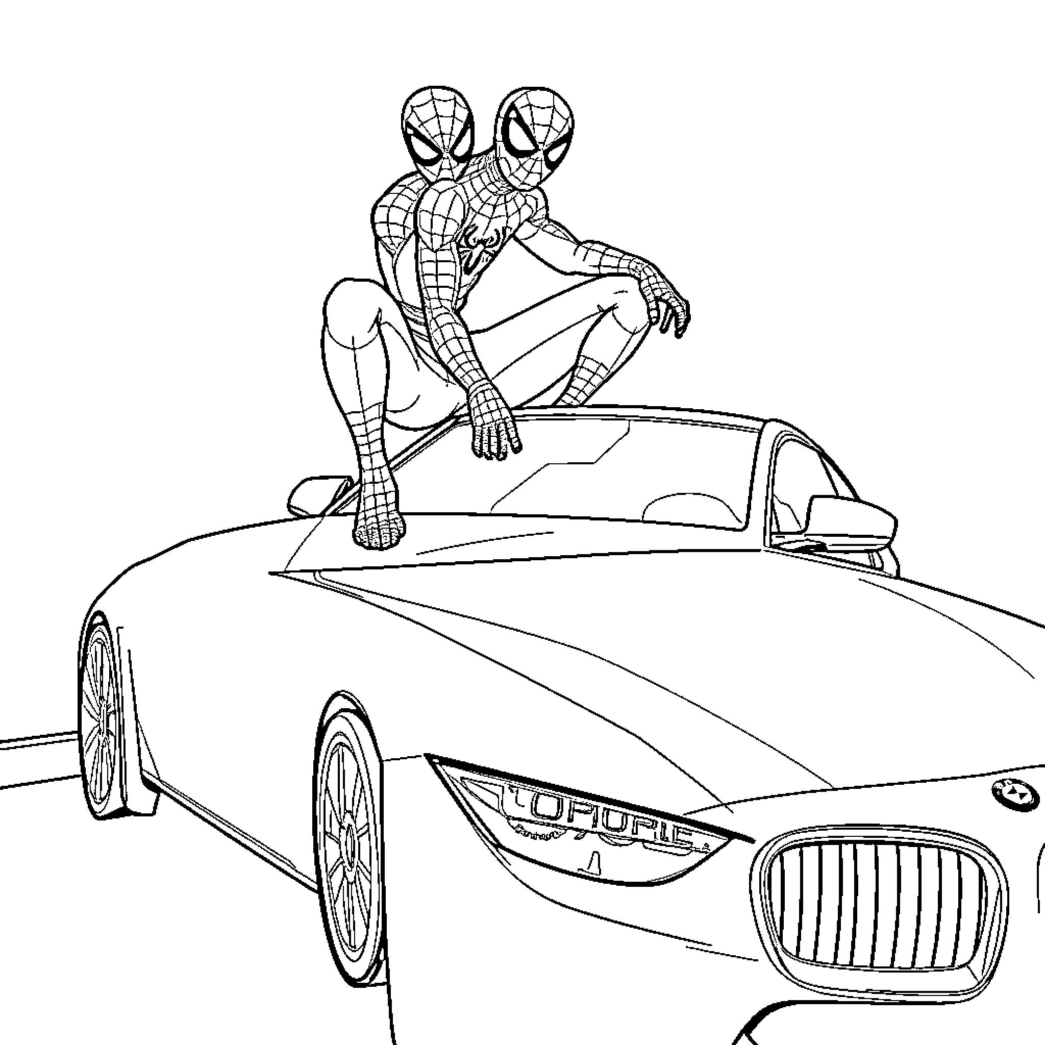 Spiderman scaling a sports car Coloring Page (free black-and-white line drawing printable PDF for all, from beginners to advanced learners, including children, teens, adults, and seniors)