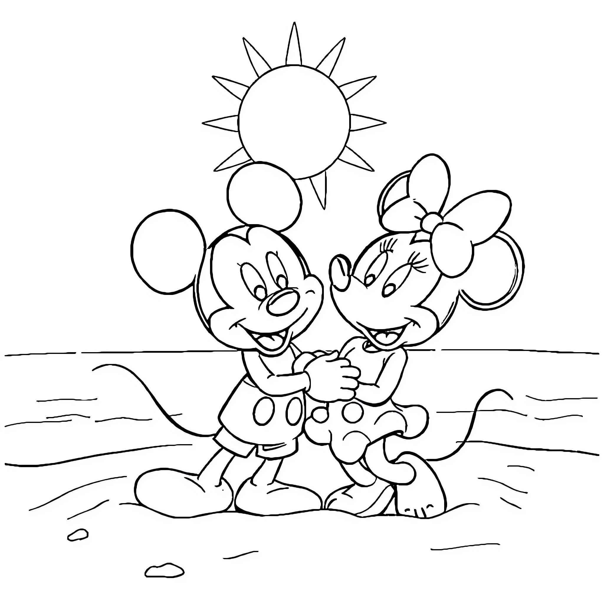 Mickey and Minnie's Sunny Outing Coloring Page (free black-and-white line drawing printable PDF for all, from beginners to advanced learners, including children, teens, adults, and seniors)