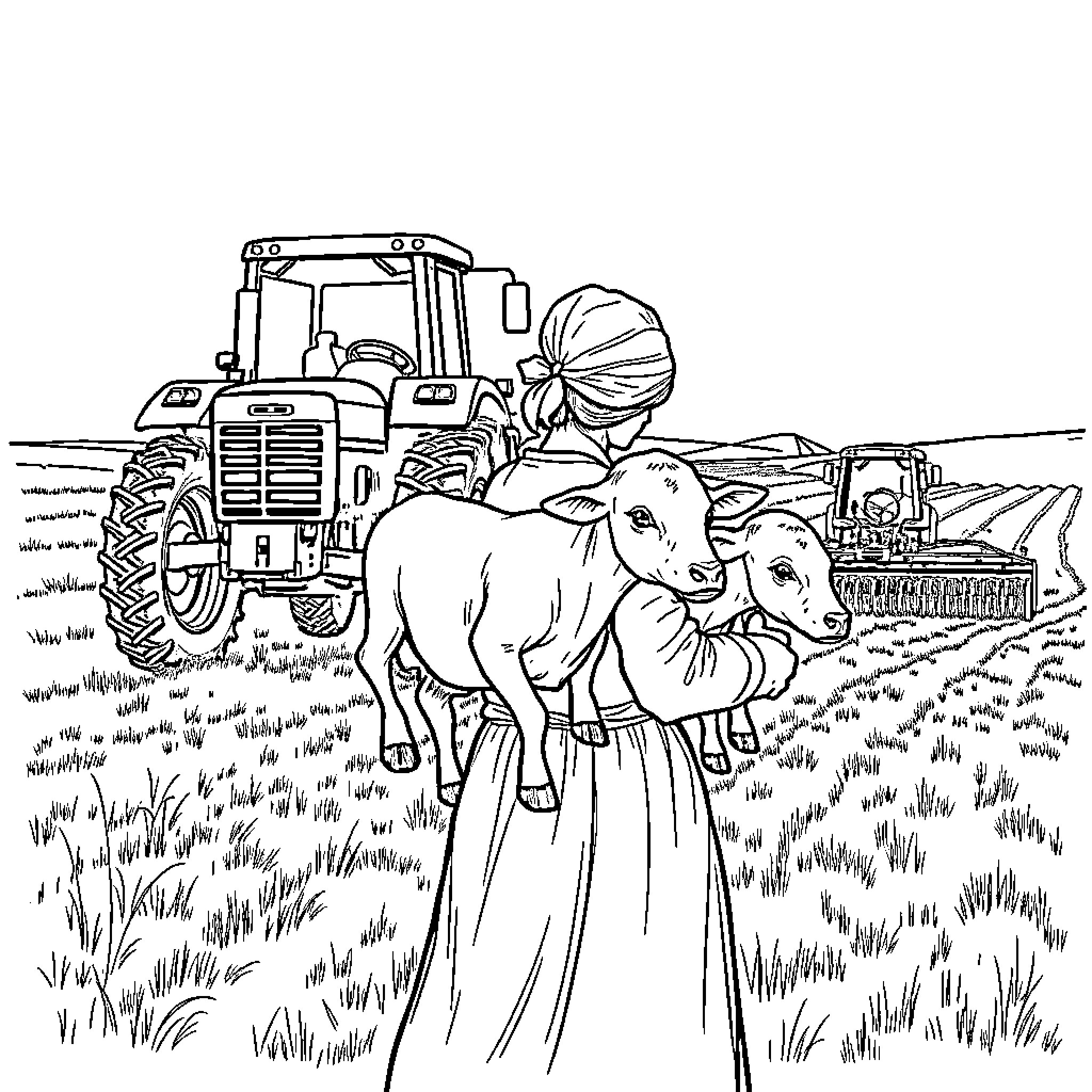 Woman working on a farm with livestock Coloring Page (free black-and-white line drawing printable PDF for all, from beginners to advanced learners, including children, teens, adults, and seniors)