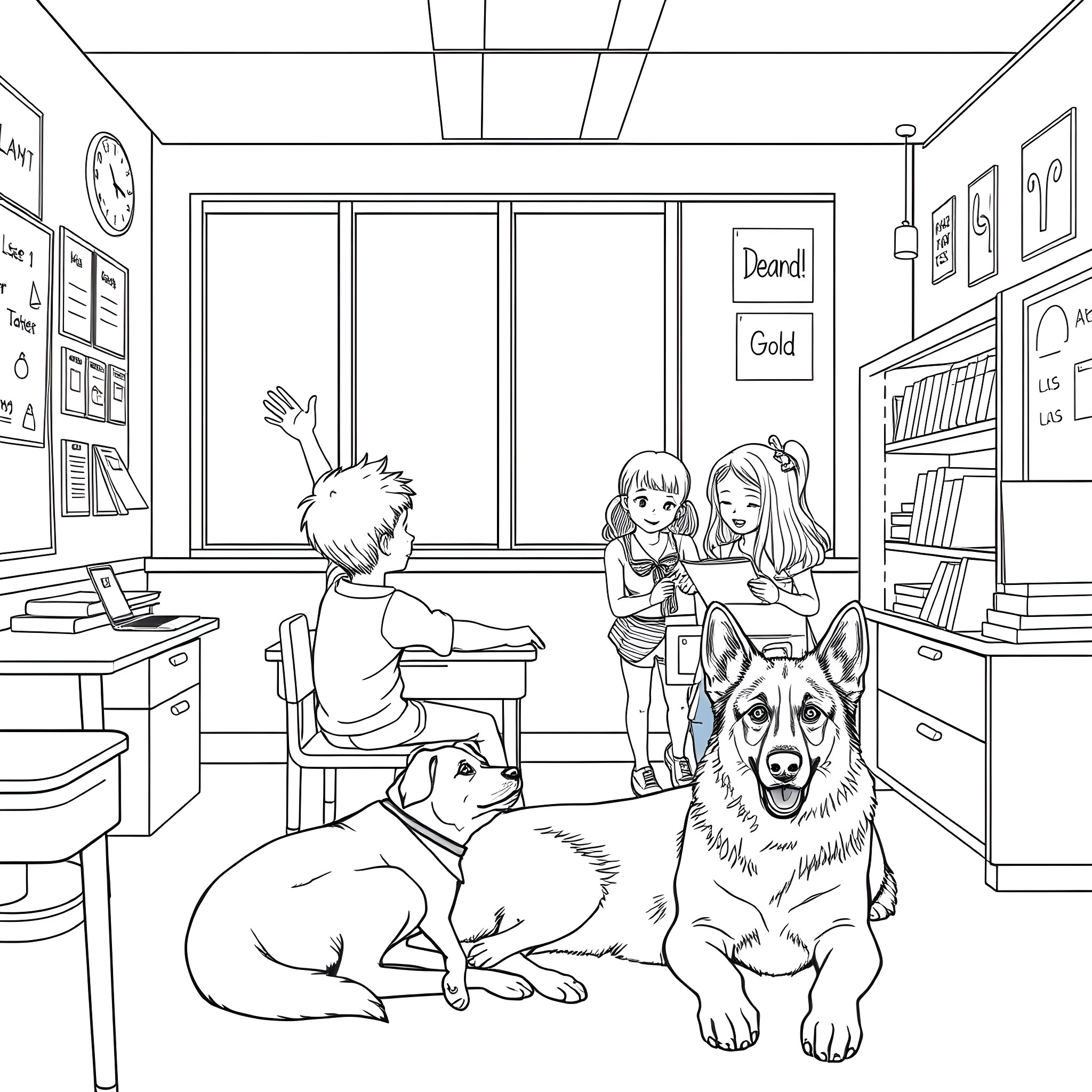 Kid studying with friends and their pet dog in the classroom Coloring Page (free black-and-white line drawing printable PDF for all, from beginners to advanced learners, including children, teens, adults, and seniors)