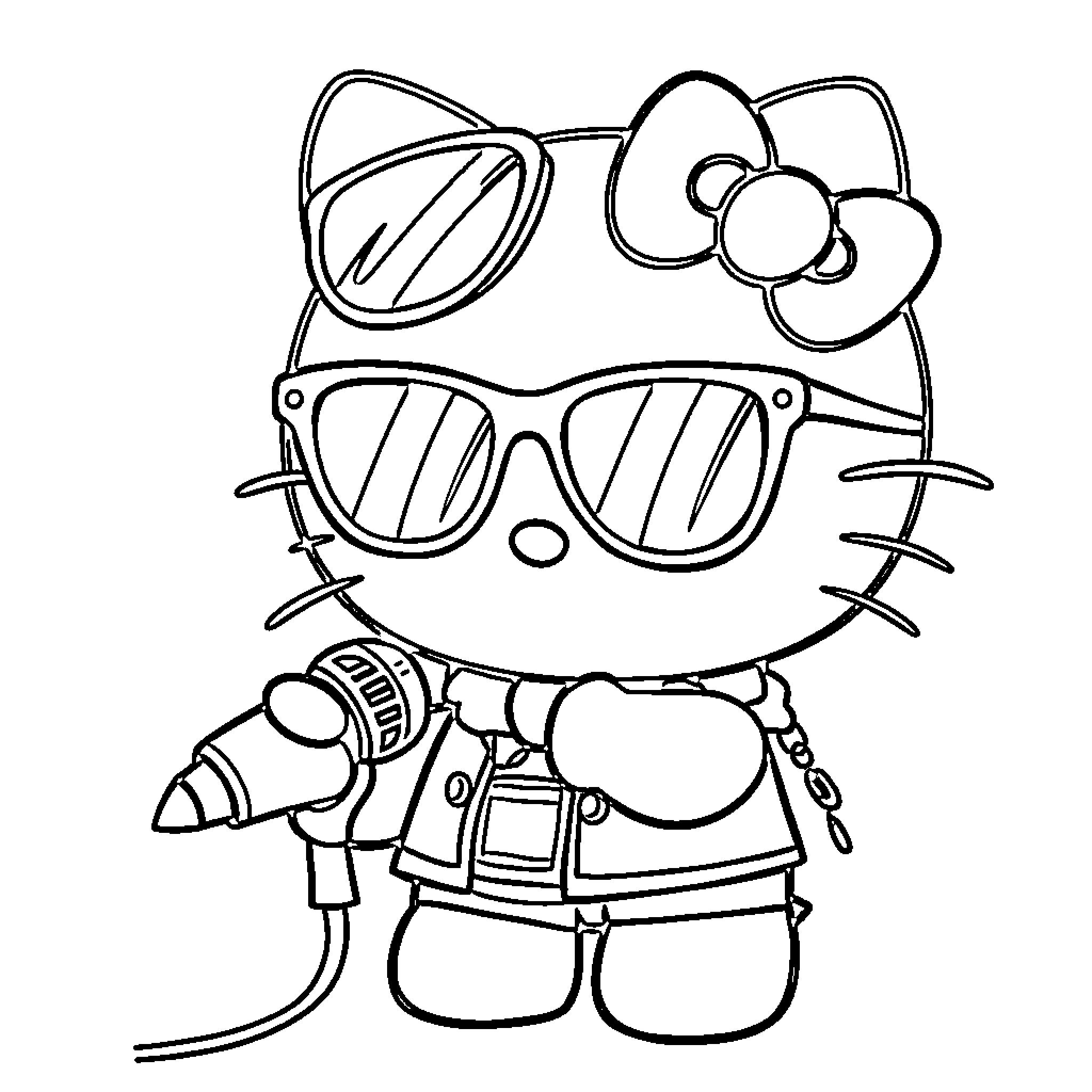 Hello Kitty wearing sunglasses and carrying a microphone Coloring Page (free black-and-white line drawing printable PDF for all, from beginners to advanced learners, including children, teens, adults, and seniors)